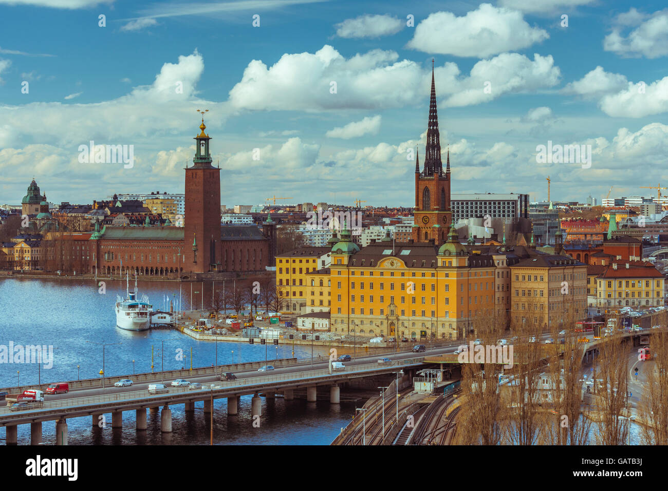 Panorama of Stockholm city center with bridge over bay Stock Photo
