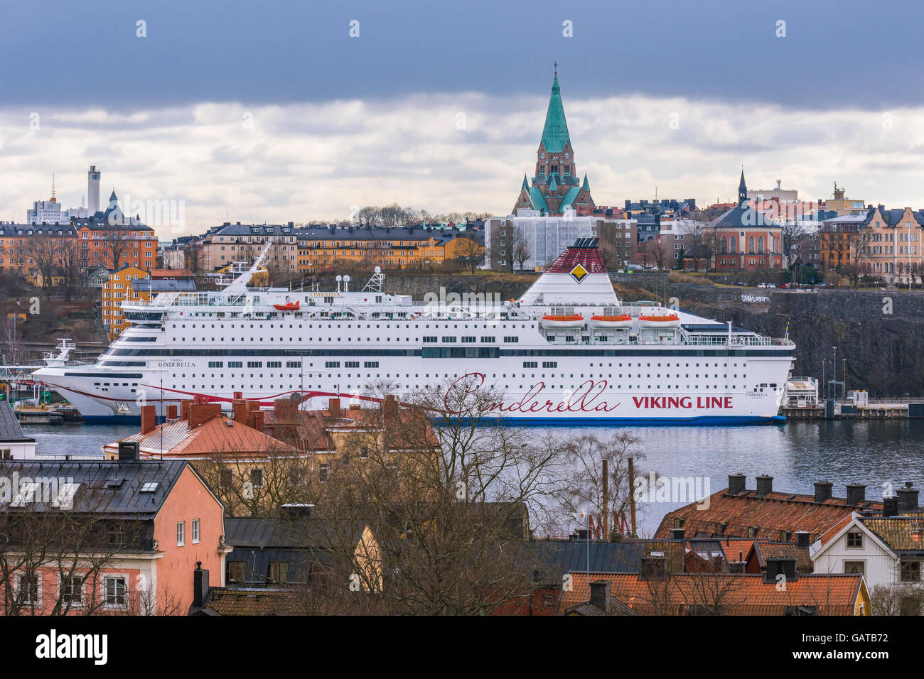 View from above of the Stockholm city center and the Viking Line ship docked in the port. Stock Photo