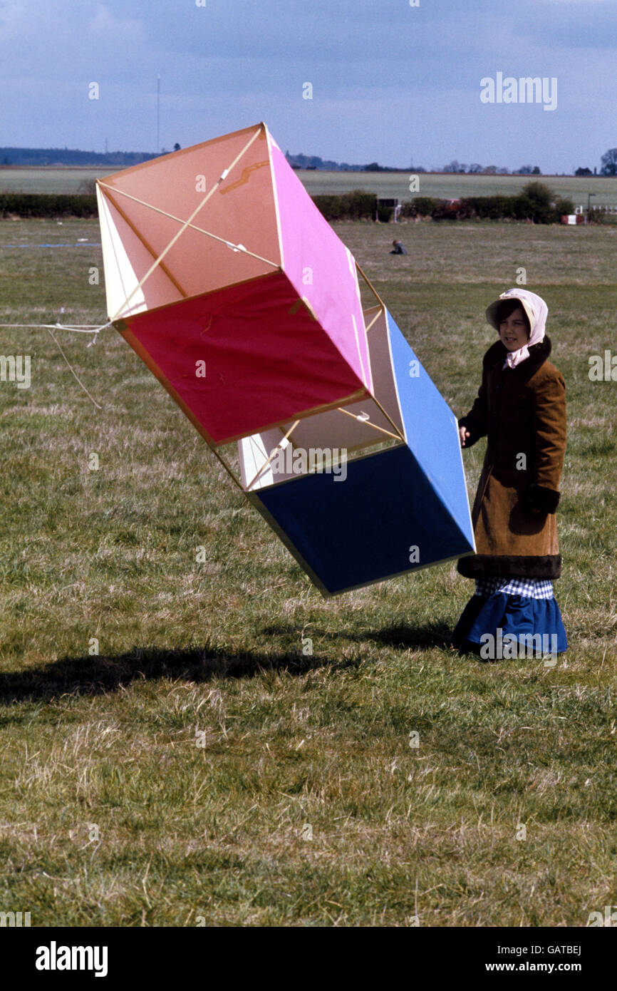 Kite Flying - Kite Festival - Old Warden. A box kite ready to go up at the Kite Festival at Old Warden, Bedfordshire. Stock Photo