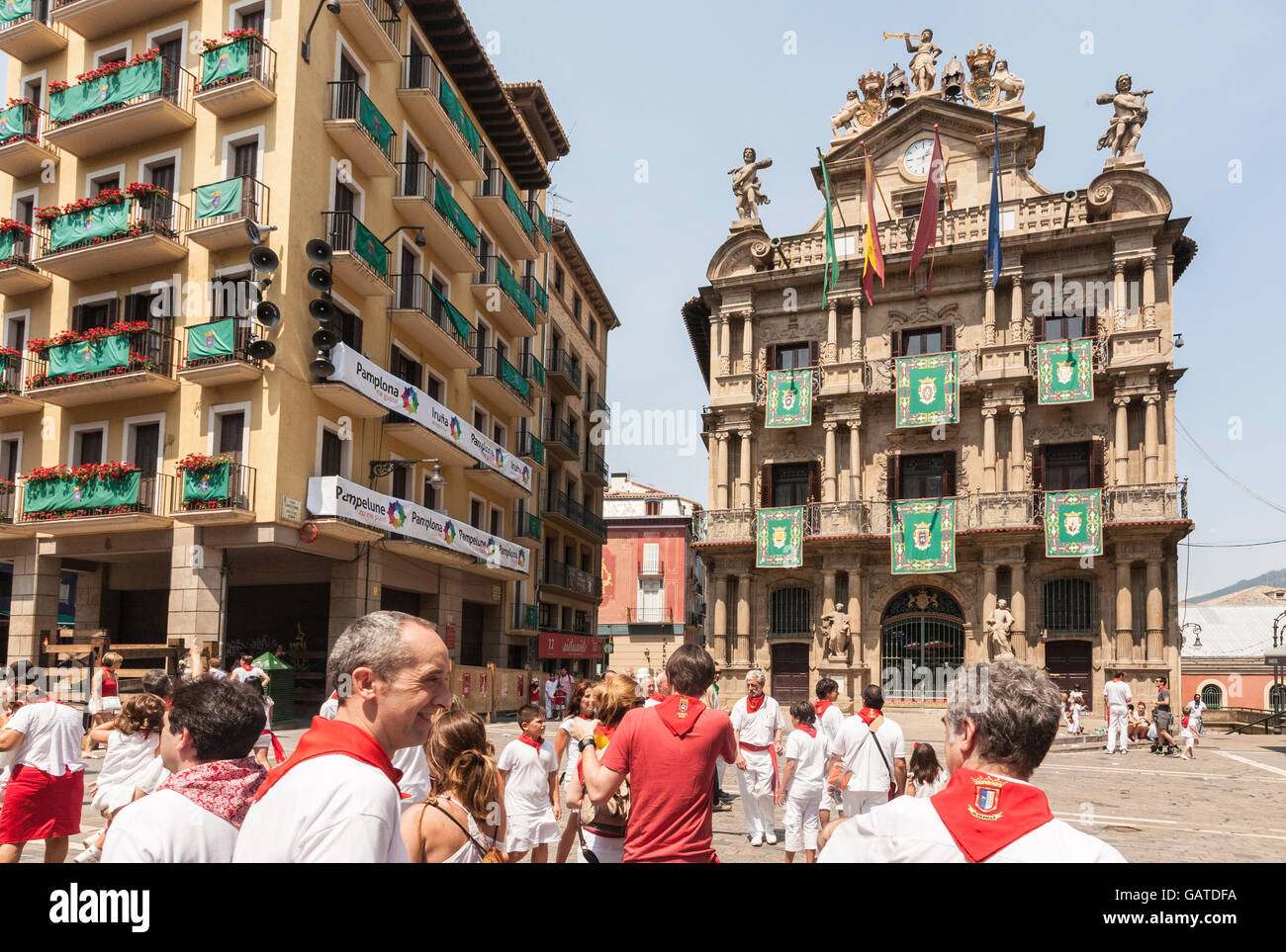Running of bulls through streets of Pamplona,Spain. Stock Photo