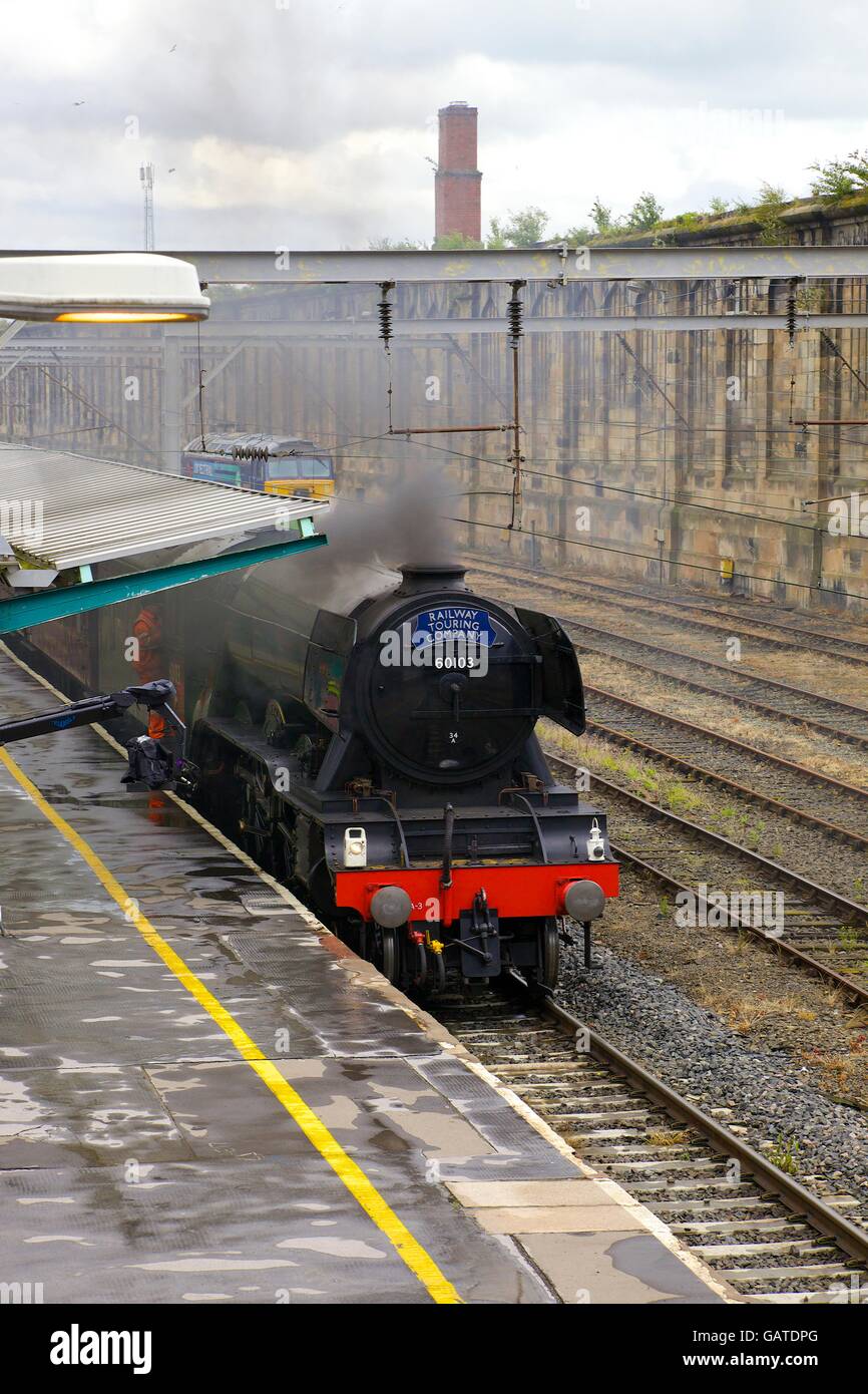 Steam train LNER A3 Class 4-6-2 no 60103 Flying Scotsman. Carlisle Railway Station, Carlisle, Cumbria, England, United Kingdom. Stock Photo