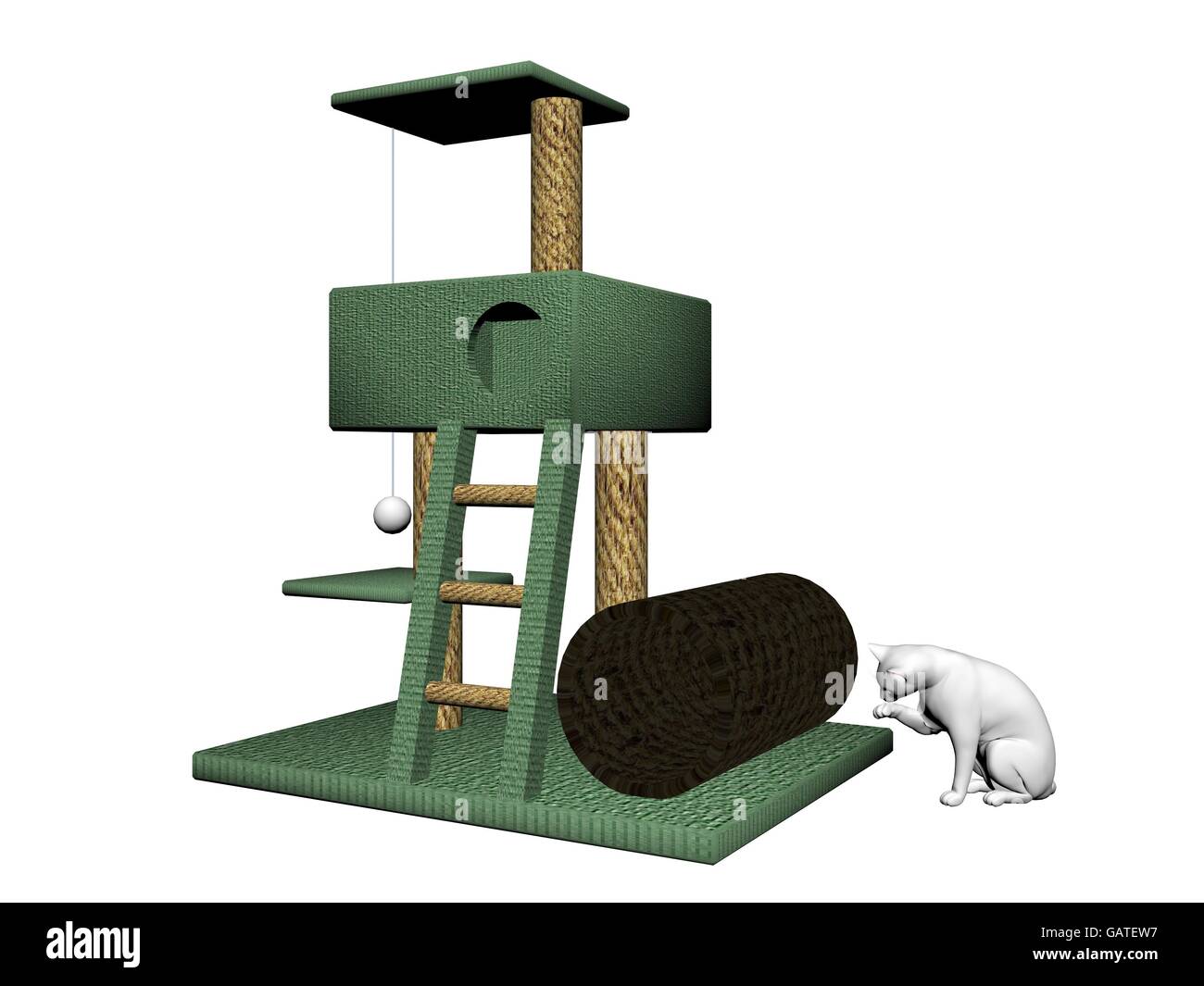 cat tree with a white cat on it isolated in white background Stock