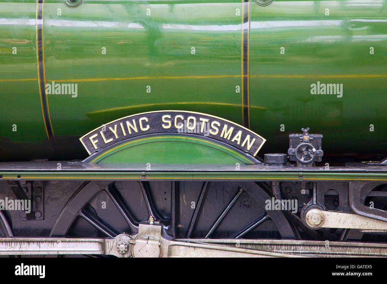 Steam train LNER A3 Class 4-6-2 no 60103 Flying Scotsman name plate. Carlisle Railway Station, Carlisle, Cumbria, England, UK. Stock Photo