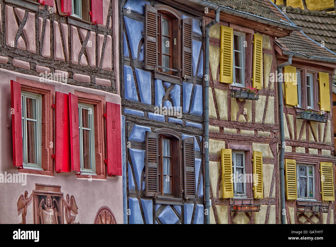 Street with half-timbered medieval houses in Colmar Stock Photo