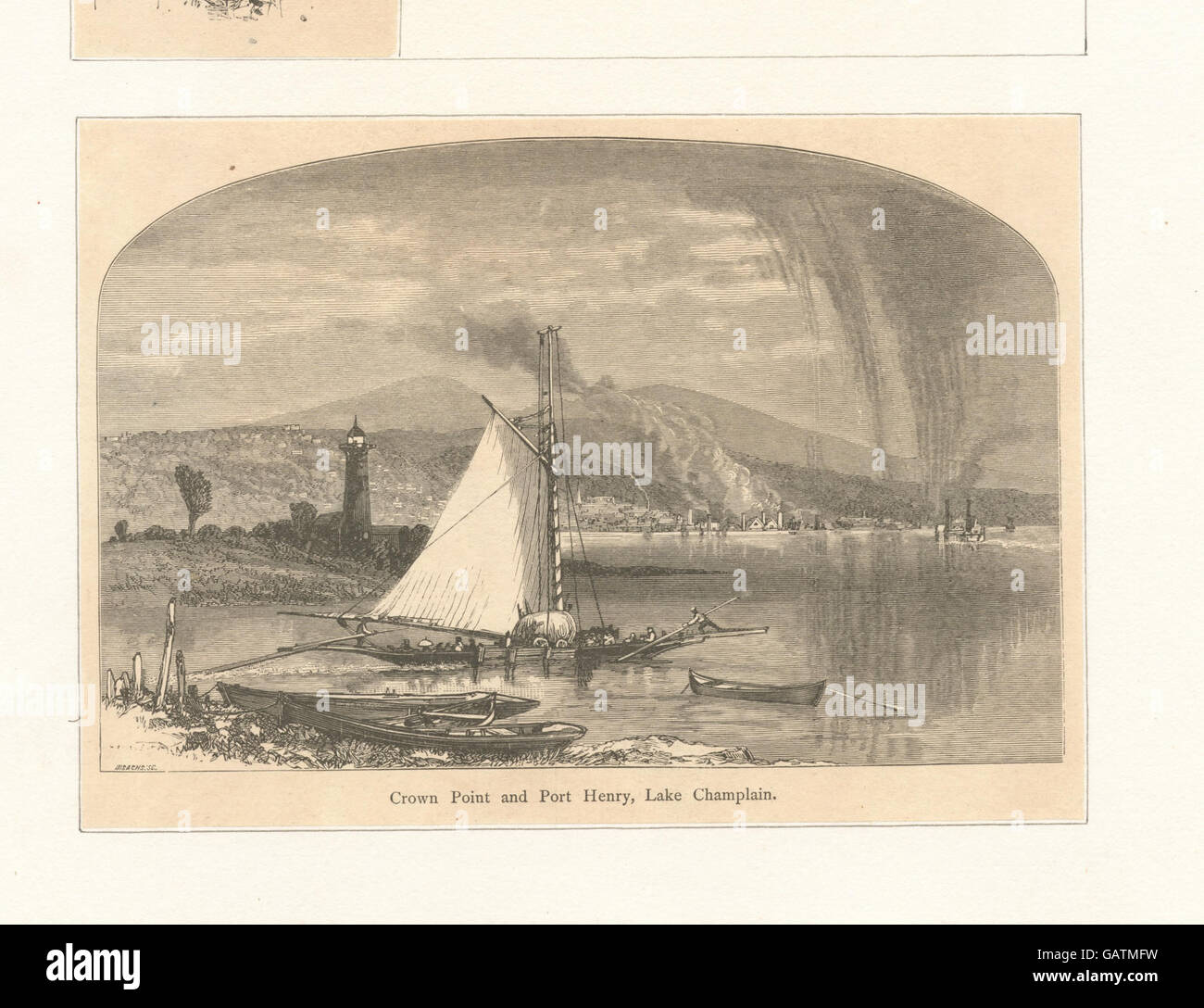 Crown Point and Port Henry are historic locations on Lake Champlain in New York. These areas hold significance in U.S. history, particularly during the American Revolution as key military sites. Stock Photo