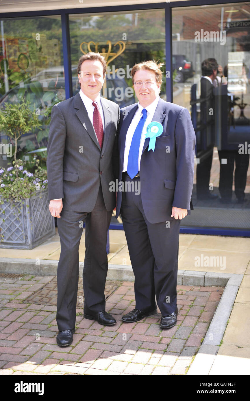 John Howell, right, the Conservative party candidate for the Henley-on-Thames by-election with Conservative leader David Cameron, left, during a visit to the Nettlebed surgery in the constituency. Stock Photo