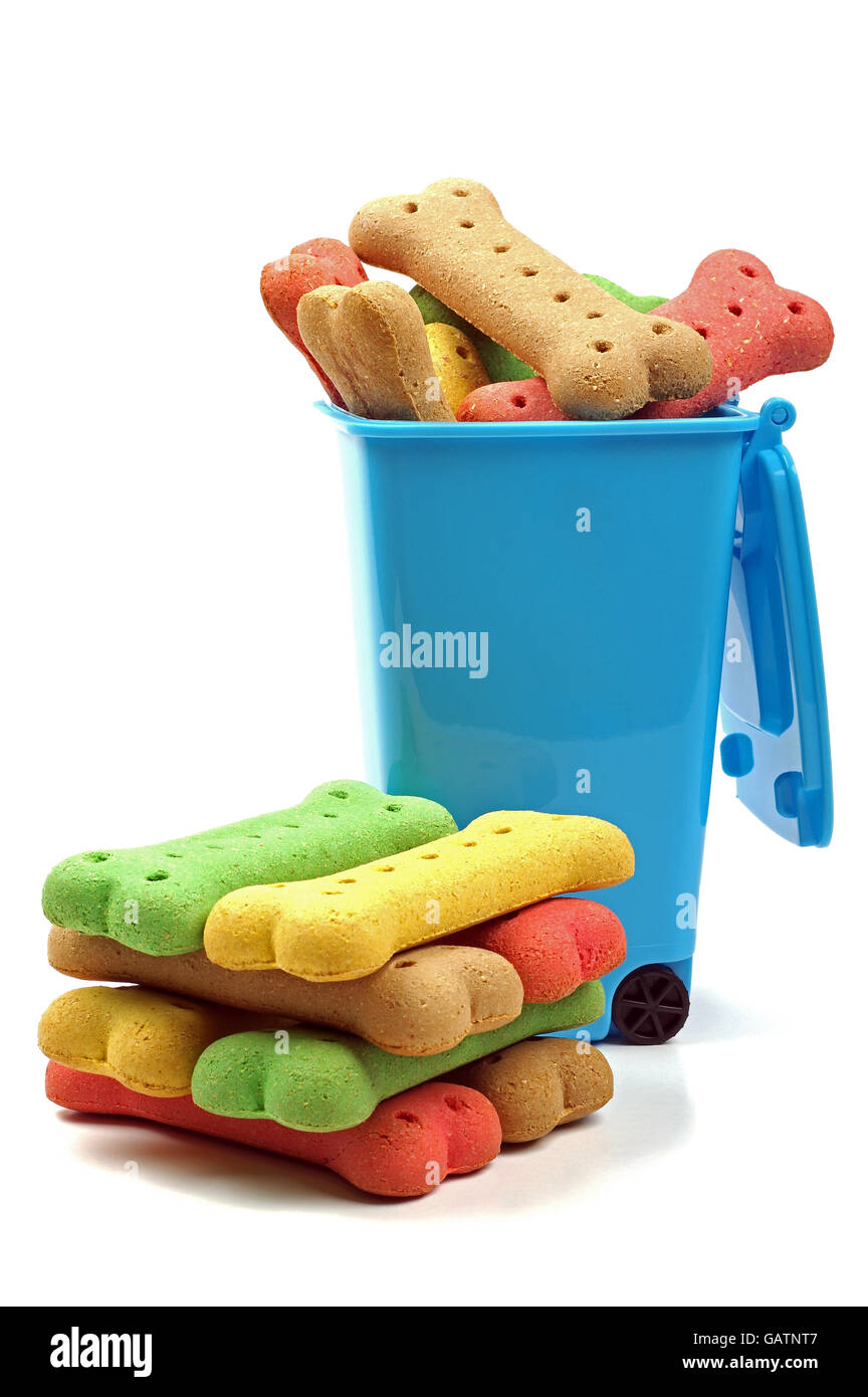 dog biscuits and blue rubbish bin Stock Photo