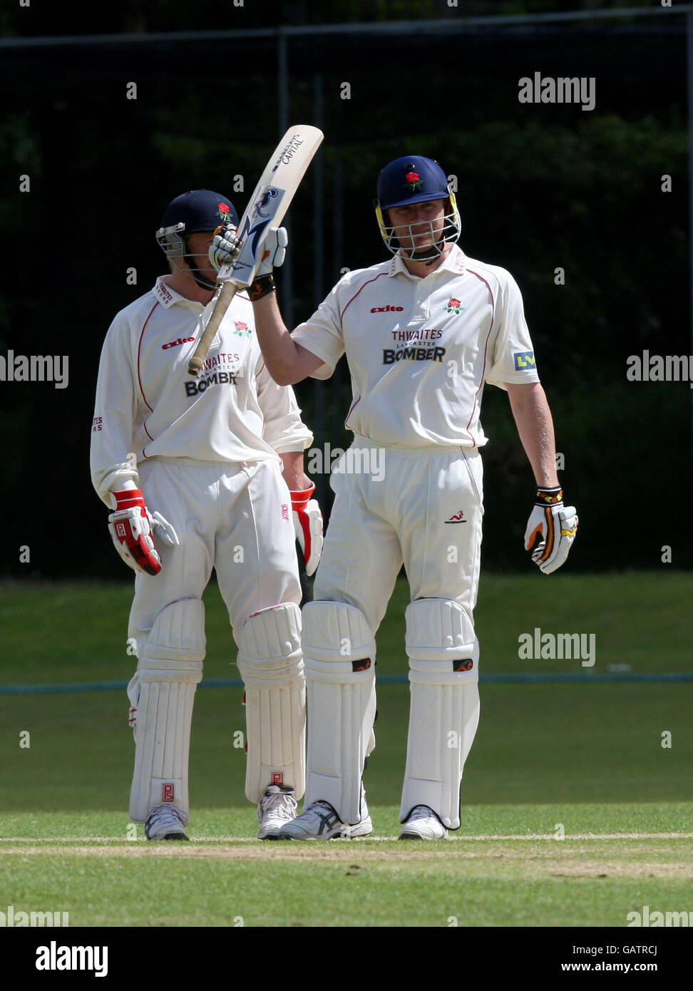 Lancashire's Andrew Flintoff celebrates reaching his half century during the Second XI County Championship match at Alderley Edge, Cheshire. Stock Photo