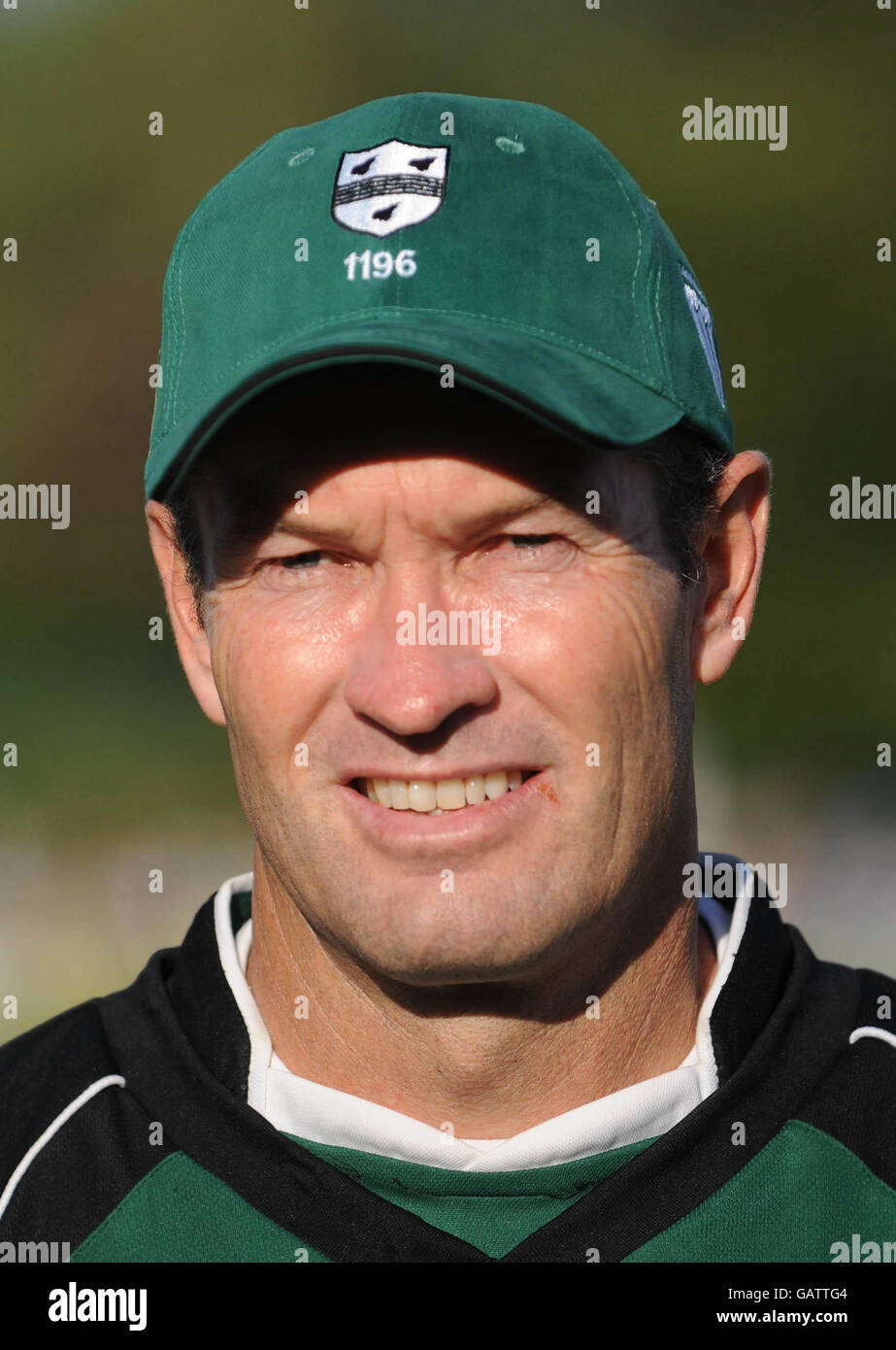 Worcestershire Royals' Graeme Hick wears the cap presented to him during the interval against Somerset Sabres that has the number 1196 his record breaking appearances printed on it during the Twenty20 Cup match at County Ground, New Road, Worcester. Stock Photo