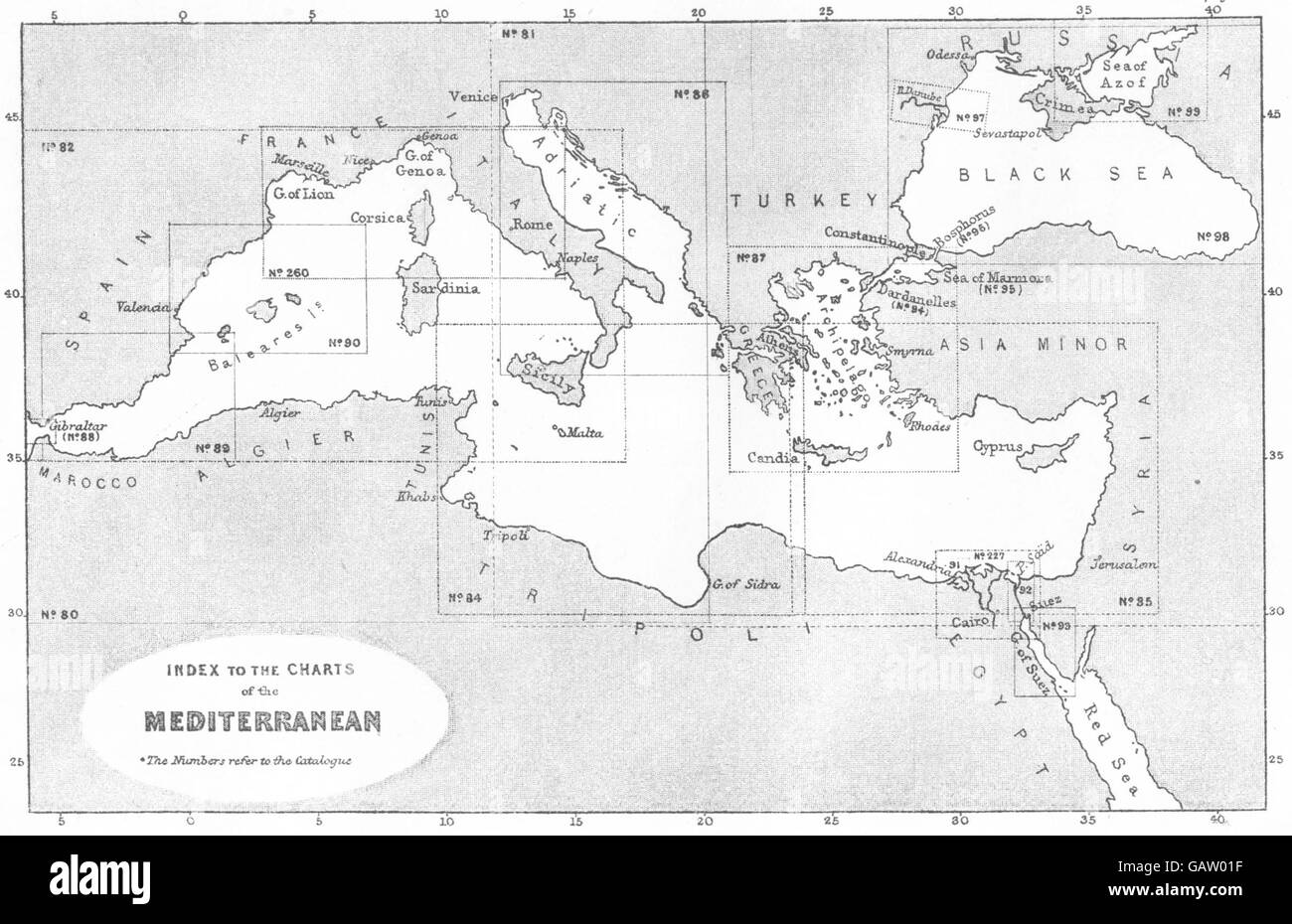 EUROPE: Index to the Charts of the Mediterranean, 1881 antique map Stock Photo