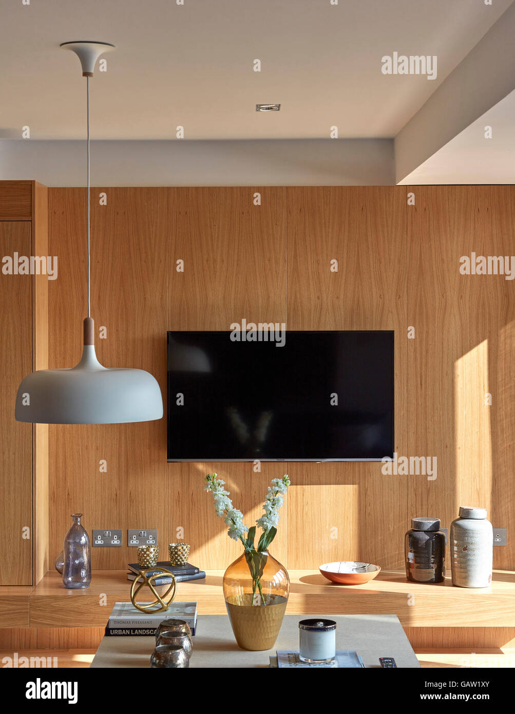 Interior view showing wooden panelled wall. Apartment in Crown Reach, London, United Kingdom. Architect: Burwell Deakins Architects, 2016. Stock Photo