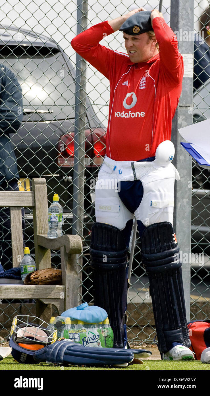 England's Graeme Swann tries on a RAF hat during the nets session at the County Ground, Edgbaston. Stock Photo