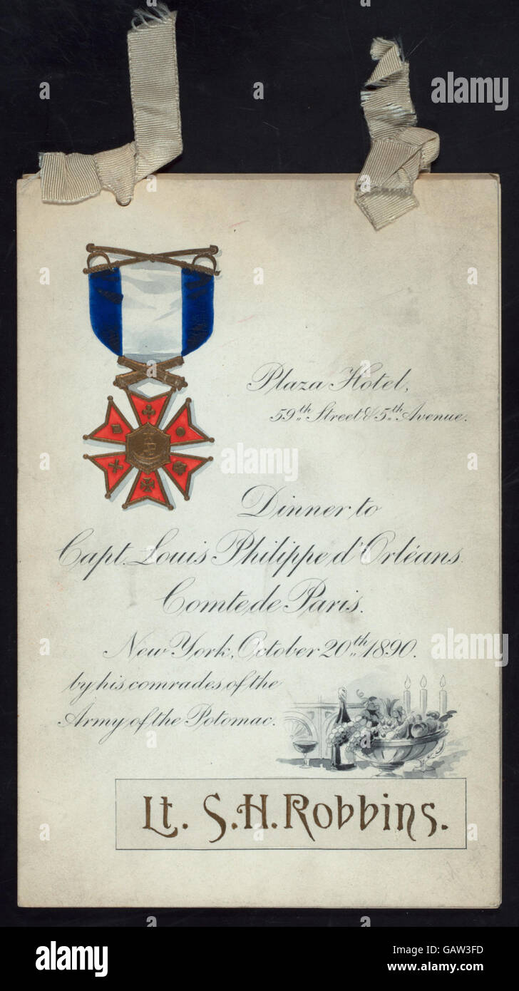 DINNER TO CAPT. LOUIS PHILIPPE D'ORLEANS, COMTE DE PARIS (held by) COMRADES OF THE ARMY OF THE POTOMAC (at)  PLAZA HOTEL, NY  (REST;) ( Hades-269886-474536) Stock Photo