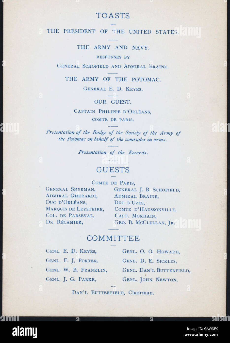 DINNER TO CAPT. LOUIS PHILIPPE D'ORLEANS, COMTE DE PARIS (held by) COMRADES OF THE ARMY OF THE POTOMAC (at)  PLAZA HOTEL, NY  (REST;) ( Hades-269886-4000001298) Stock Photo