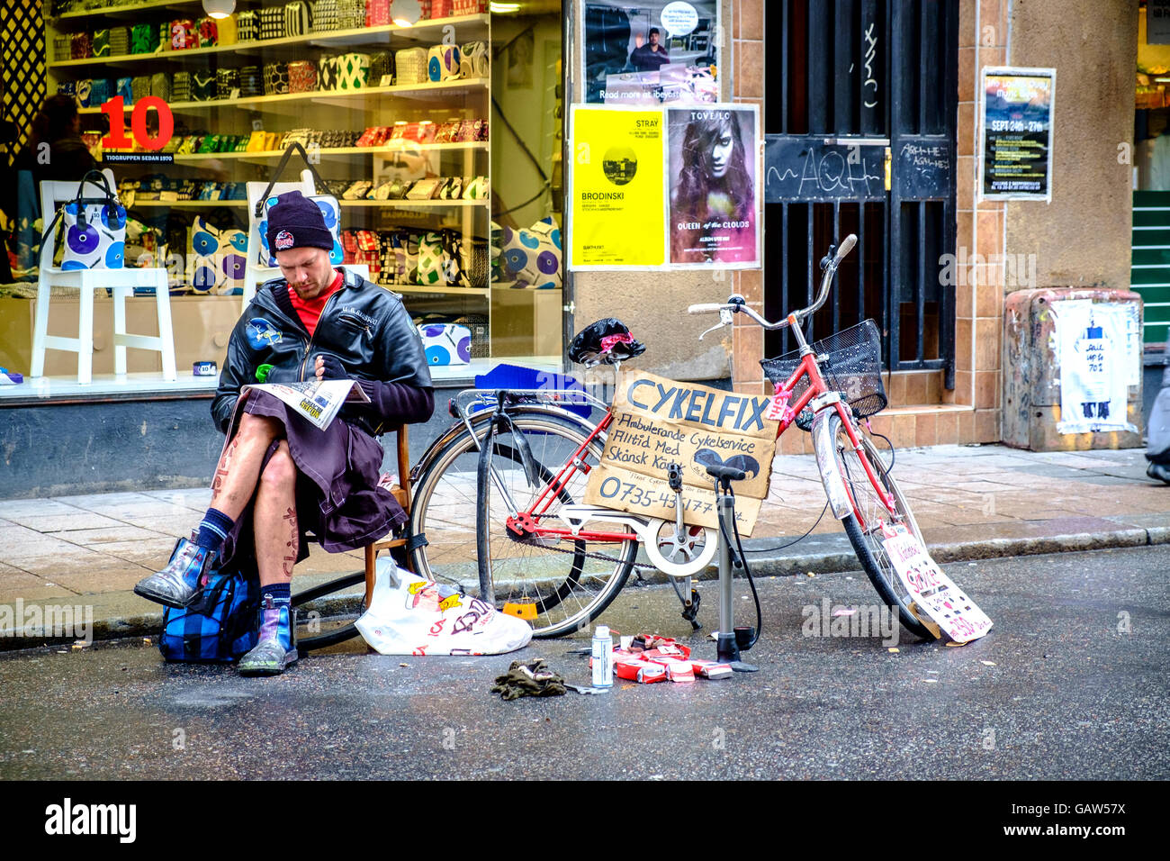 Bicycle repair at Gotgatan Street in Sodermalm district in Stockholm, Sweden Europe Stock Photo