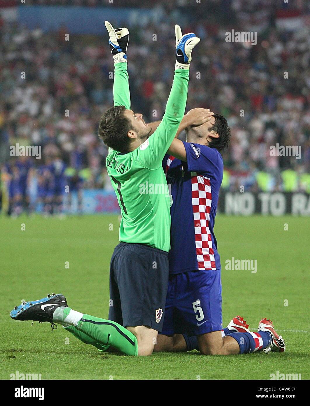 Croatia's Stipe Pletikosa (l) and Vedran Corluka celebrate after Ivan Klasnic (not in picture) scores his sides first goal of the game Stock Photo