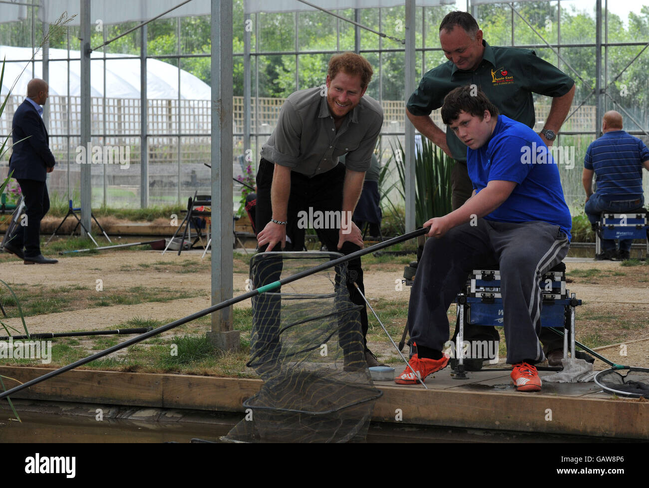Prince Harry visits Cast North West, an angling venue in Wigan that helps enhance the employability and educational opportunities of disadvantaged young people, as he continues to promote sport as a means for social development. Stock Photo