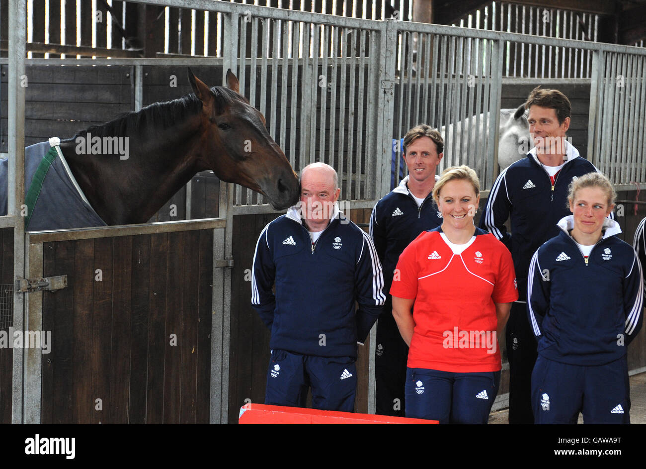 Team GB equestrian athletes (left to right) John Whitaker, Ben Maher, Gemma Tattersall, William Fox-Pitt and Izzy Taylor during the Team GB Equestrian team announcement at the Old Bull Pen, Wiltshire. Stock Photo