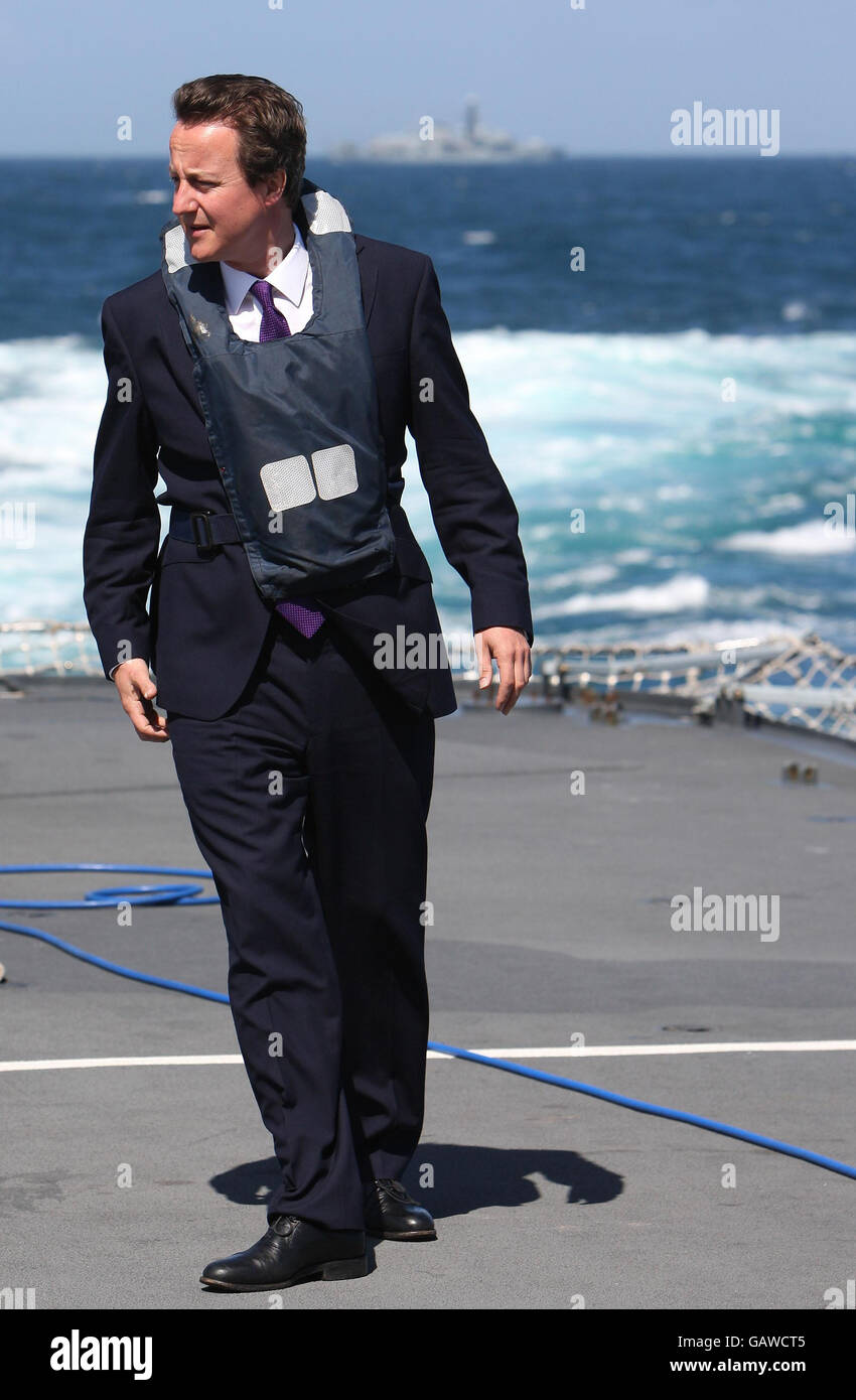Conservative Party leader David Cameron aboard HMS Cumberland off the coast of Plymouth. Stock Photo