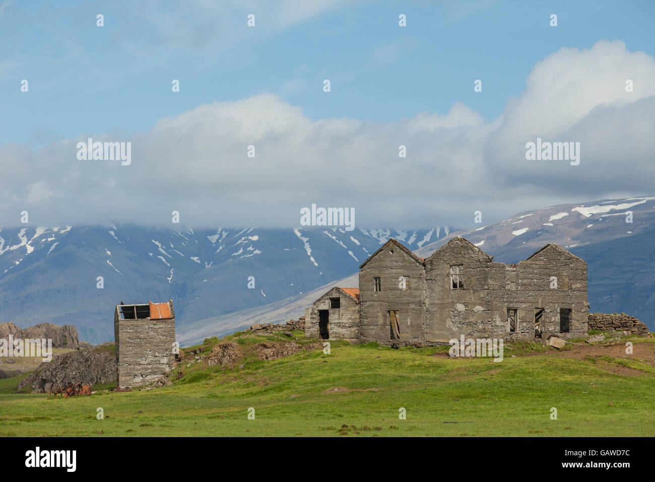 Derelict farm buildings in south east Iceland. Stock Photo