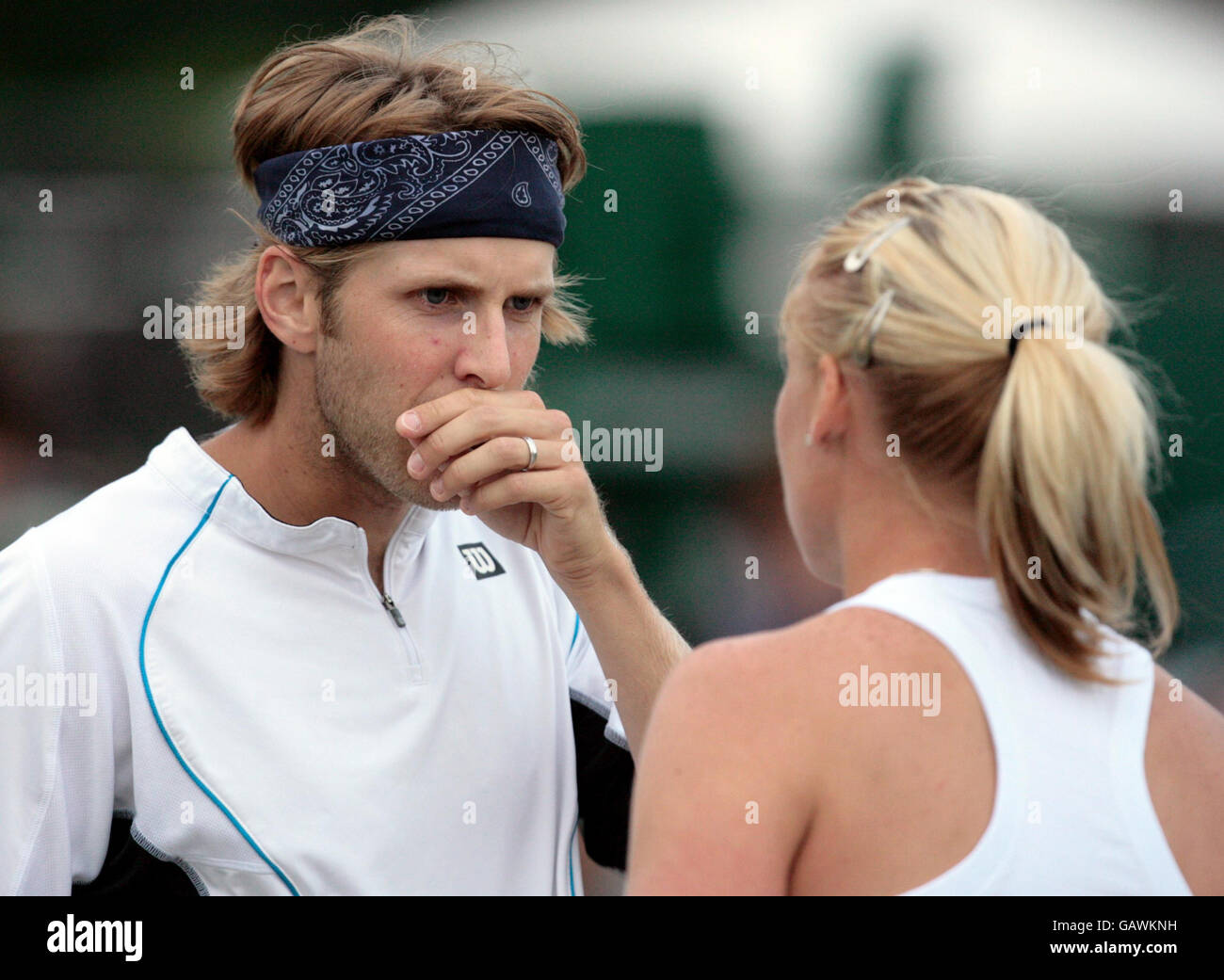 Greta Britain's James Auckland and Elena Baltacha in mixed doubles action during the Wimbledon Championships 2008 at the All England Tennis Club in Wimbledon. Stock Photo