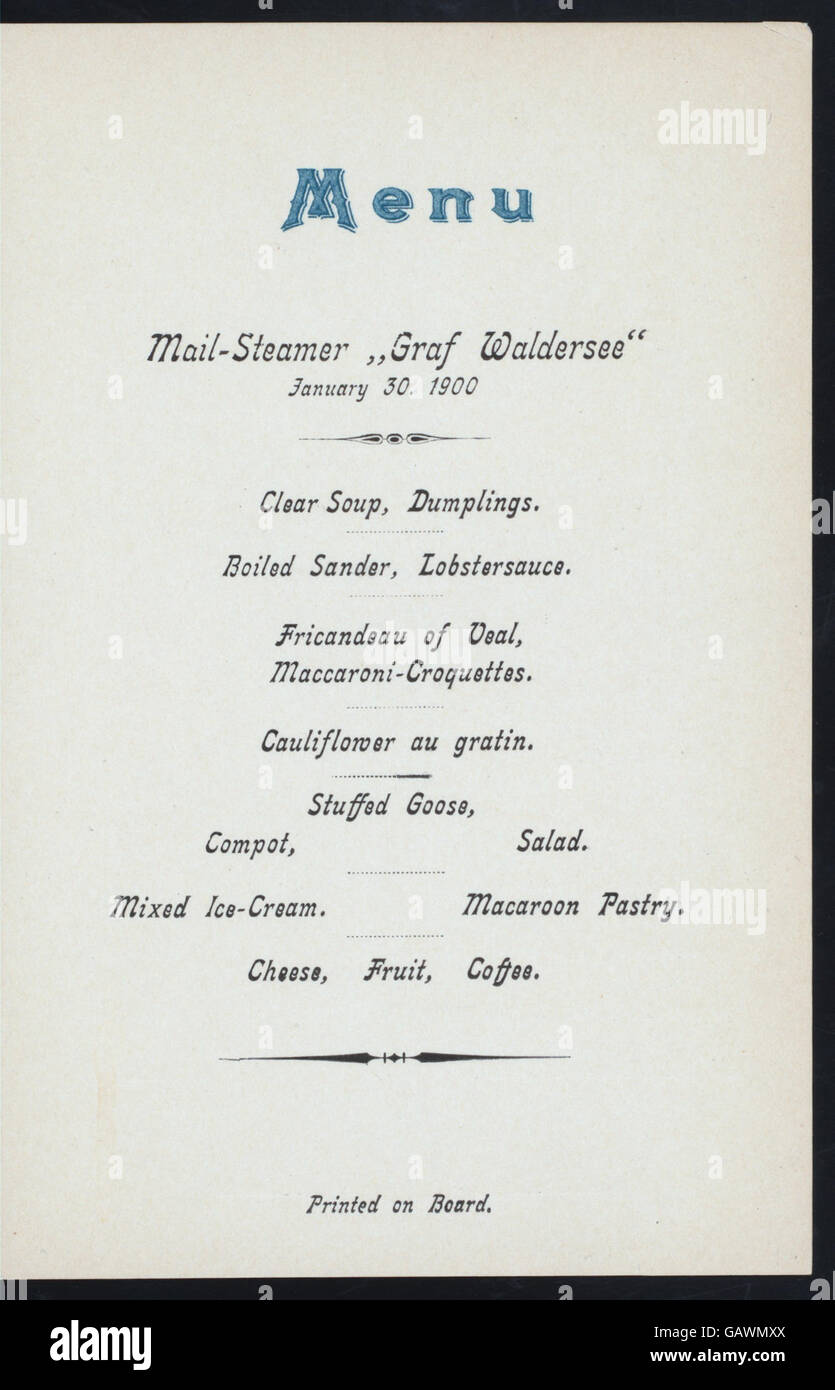 DINNER (held by) HAMBURGAMERIKA LINIE (at) SS GRAF WALDERSEE (SS