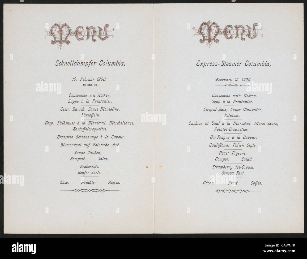 MENU (held by) HAMBURG-AMERIKA LINIE (at) SCHNELLDAMPFER COLUMBIA (SS;) ( Hades-272802-4000008123) Stock Photo