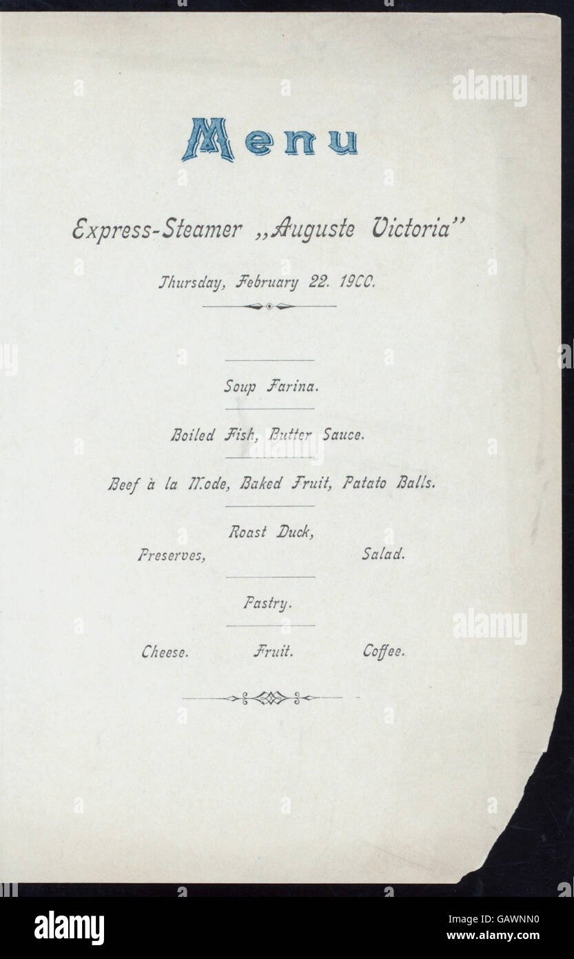 A menu was presented aboard the Schnelldampfer Auguste Victoria, a ...