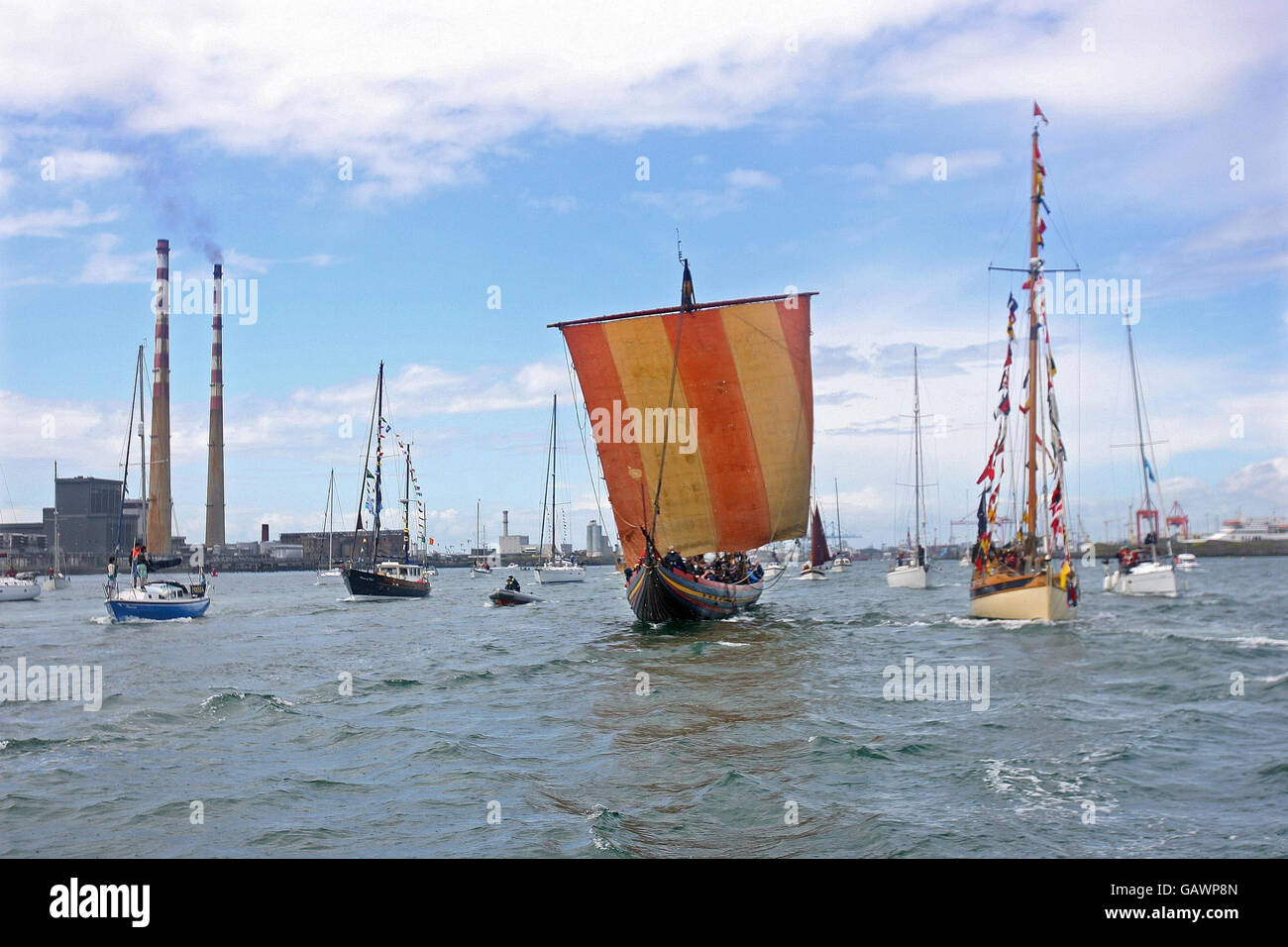 A replica Viking longship today set off on a mammoth 1,400 mile return journey from Dublin to Denmark. The Sea Stallion of Glendalough began the six week trip from the mouth of the River Liffey after almost a year on display in the Irish capital. Stock Photo