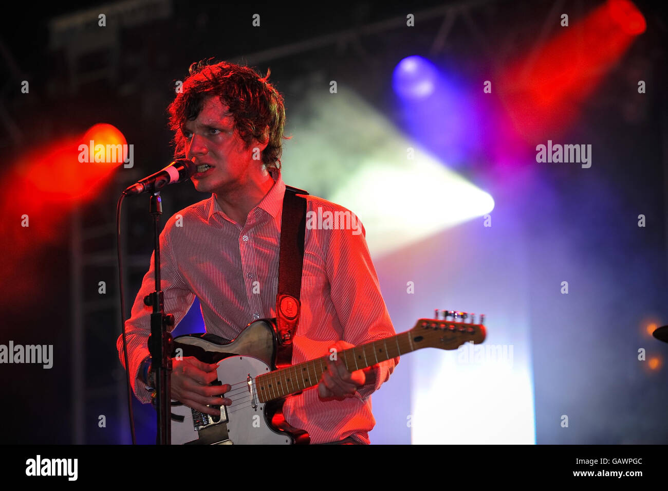 Does it Offend You, Yeah? lead singer Ed Macfarlane performs during day three of the Glastonbury