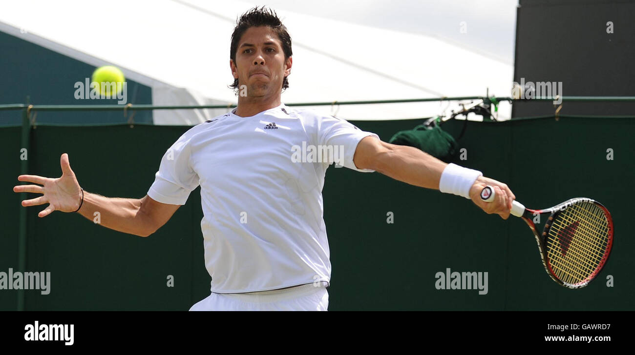 Spain's Fernando Verdasco in action against Croatia's Mario Ancic during the Wimbledon Championships 2008 at the All England Tennis Club in Wimbledon. Stock Photo
