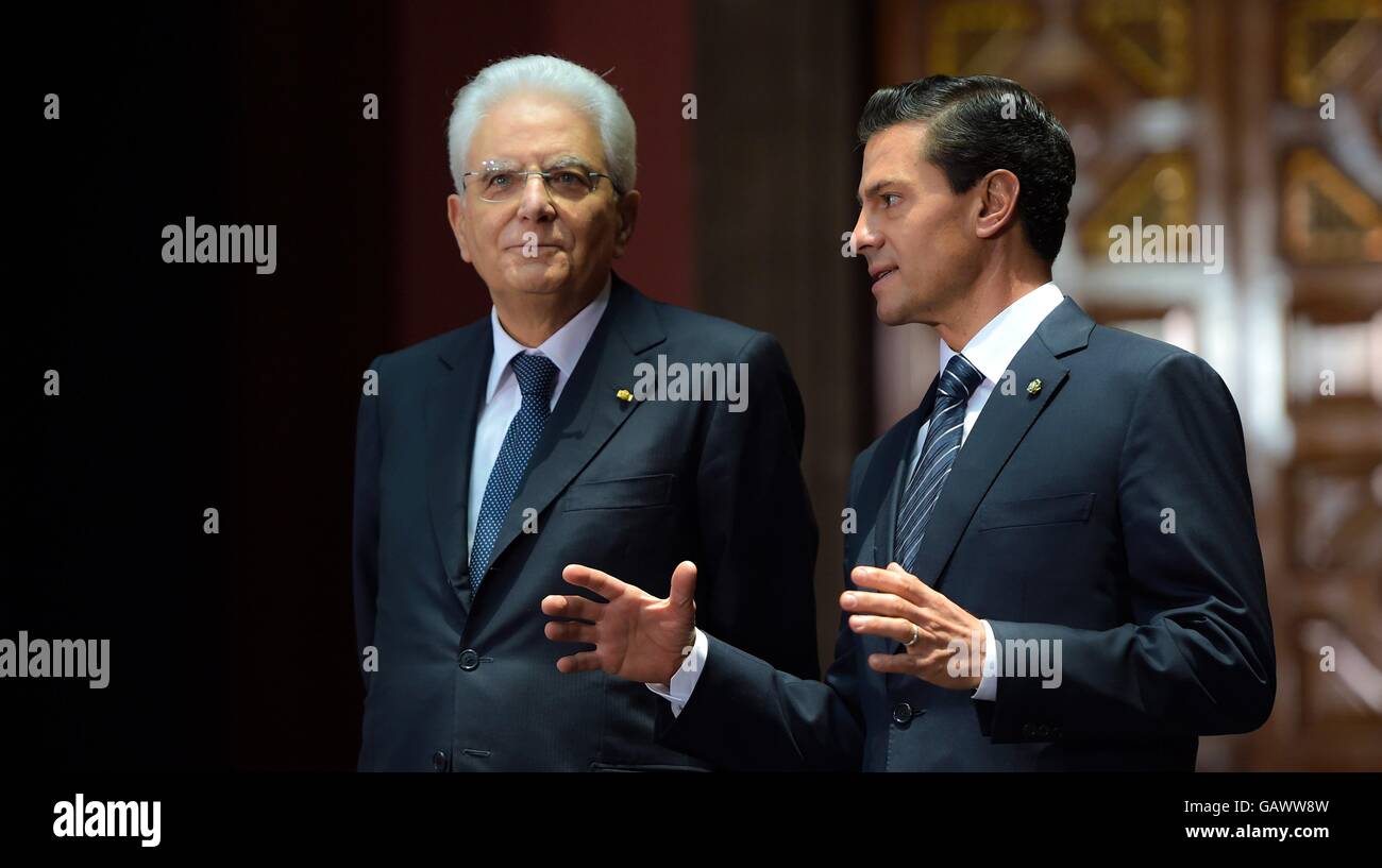 Mexican President Enrique Pena Nieto with Italian President Sergio Mattarella during a state visit at the presidential palace July 4, 2016 in Mexico City, Mexico. Stock Photo