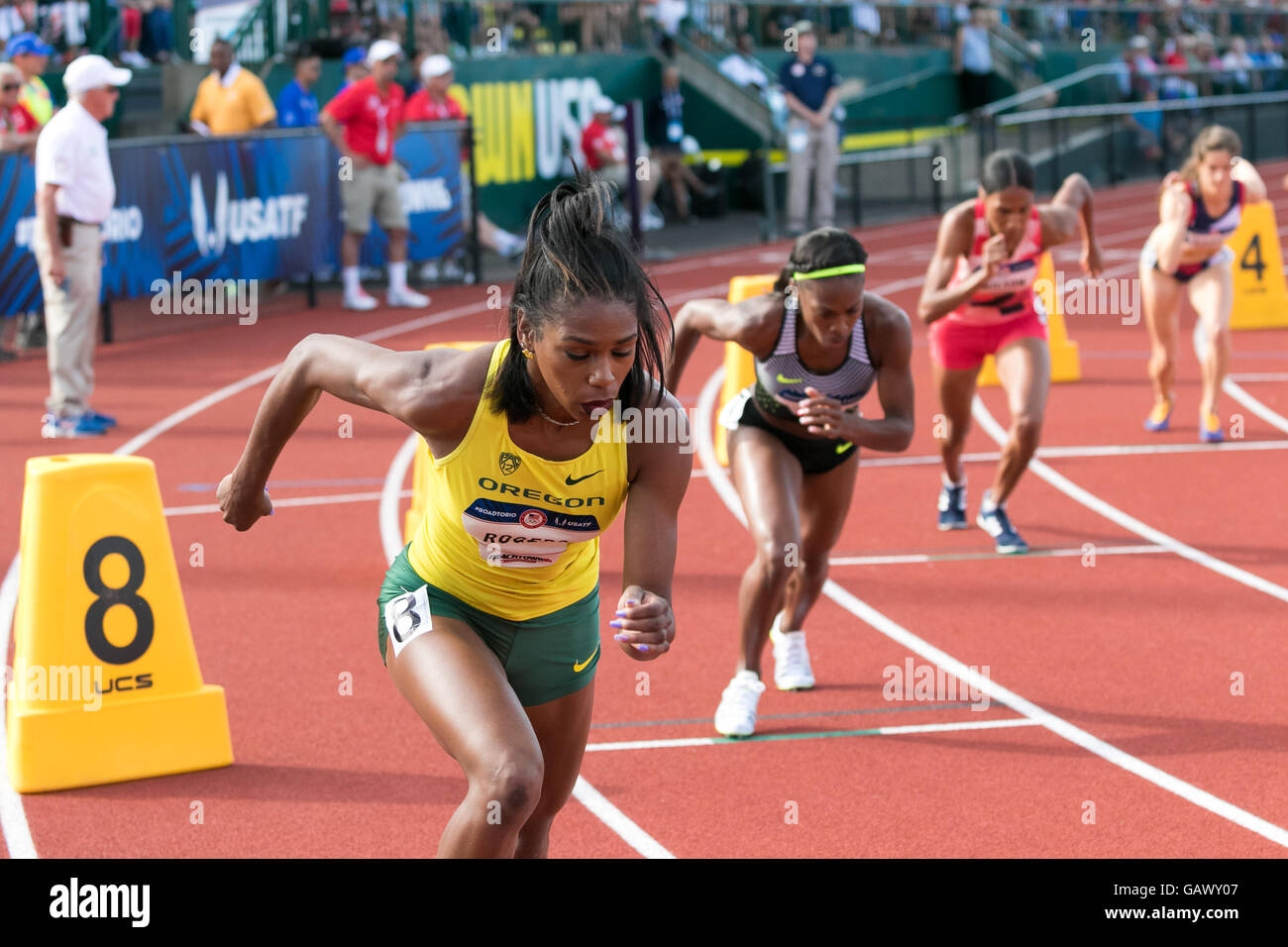 Eugene, USA. 4th July, 2016. Start of the Women's 800m Final at the 2016 USATF Olympic Trials at Historic Hayward Field in Eugene, Oregon, USA. Credit:  Joshua Rainey/Alamy Live News. Stock Photo
