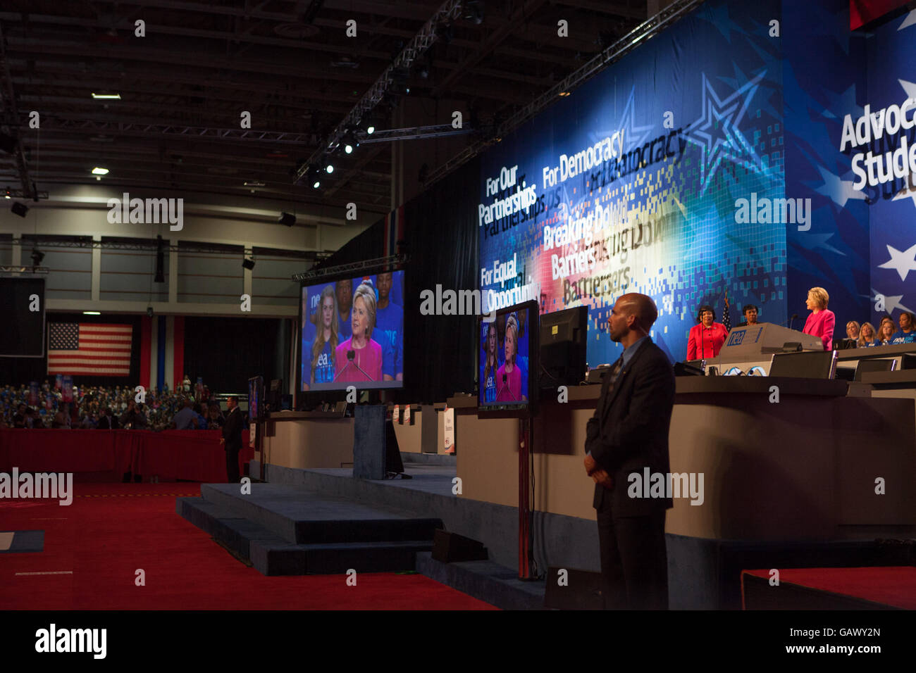 Washington DC, USA. 5th July, 2016. On Tuesday, July 5, at the Walter E. Washington Convention Center, Secretary Hillary Clinton, the presumptive Democratic Presidential Nominee, addressed more than 7,500 delegates at the National Education Association’s (NEA) 95th Representative Assembly (RA). In October, NEA educators recommended Secretary Clinton in the Democratic Primary. Credit:  Cheriss May/Alamy Live News Stock Photo