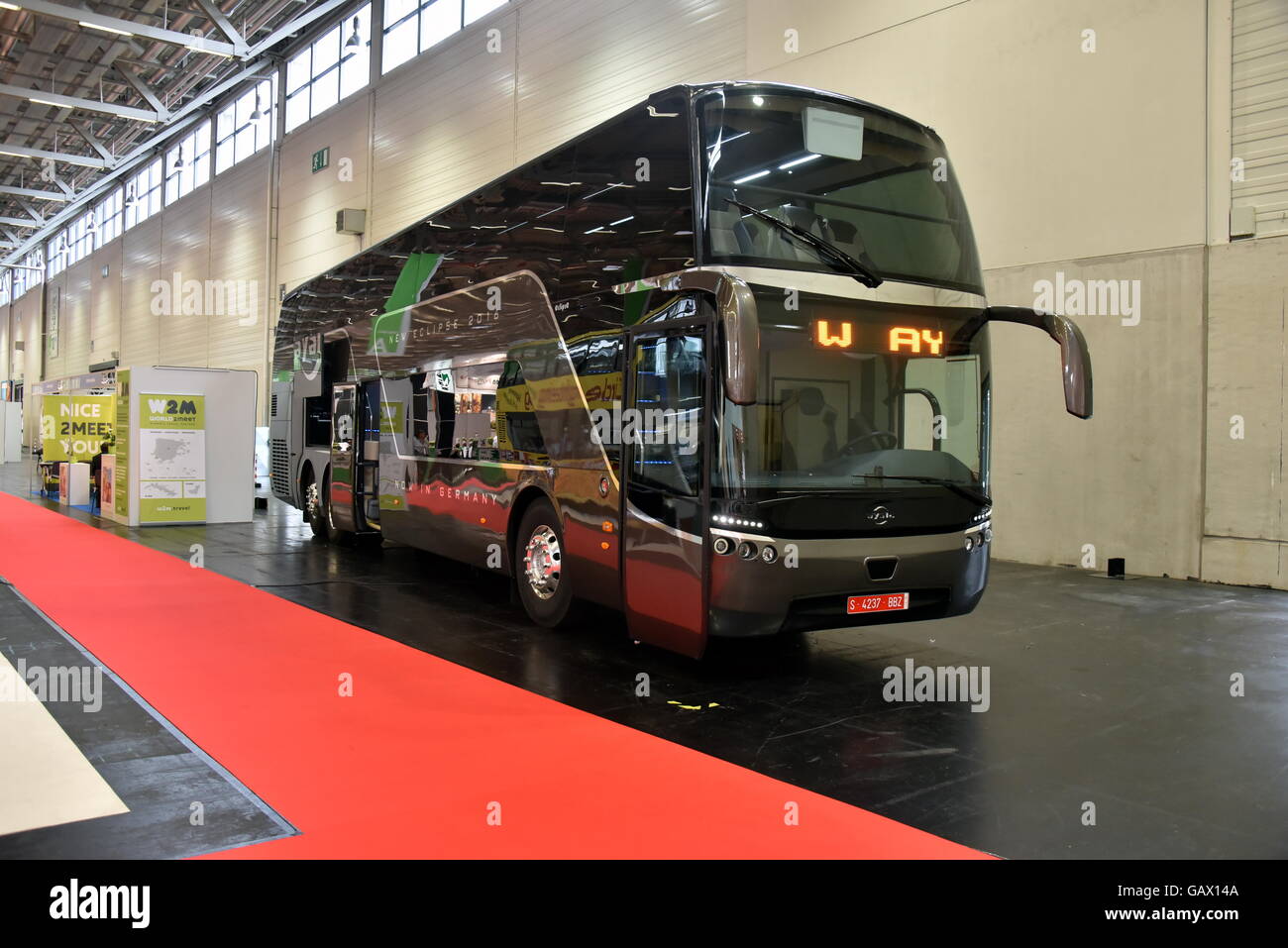 Cologne, Germany. 5th July, 2016. The Ayats Eclipse coach by Spanish coach manufacturer Carrocerias Ayats SA stands at the RDA Workshop, the internationally leading fair for coach travel and group tours, in Cologne, Germany, 5 July 2016. Photo: Horst Galuschka/dpa - NO WIRE SERVICE -/dpa/Alamy Live News Stock Photo