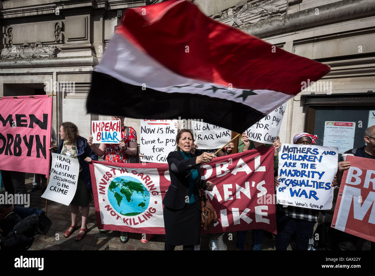 London, UK. 6th July, 2016. Anti-War protesters outside QEII conference centre in Westminster as Sir John Chilcot unveils his report into the Iraq war Credit:  Guy Corbishley/Alamy Live News Stock Photo
