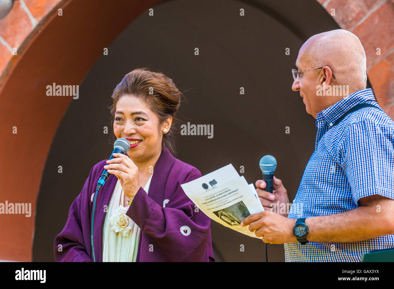 Turin, Italy. 5th July, 2016. Arsenal of Peace - Event 'Living in harmony for universal peace' - Organized by Master Paolo Spagone, the Zen School, Mizu No Oto - for the 150 years of friendship and cooperation between Italy and Japan - Japanese artists - Yoshiko Kurahara vocalist - Miyuki Ikesue which sounds of Little Harp - Shiho Yabuki pianist and expert on electronic-Takamitsu Yanaka tools vocalist, guitarist, composer and creator of the celestial sound instruments such as the lyre,  and Valter Gerbi Credit:  Realy Easy Star/Alamy Live News Stock Photo