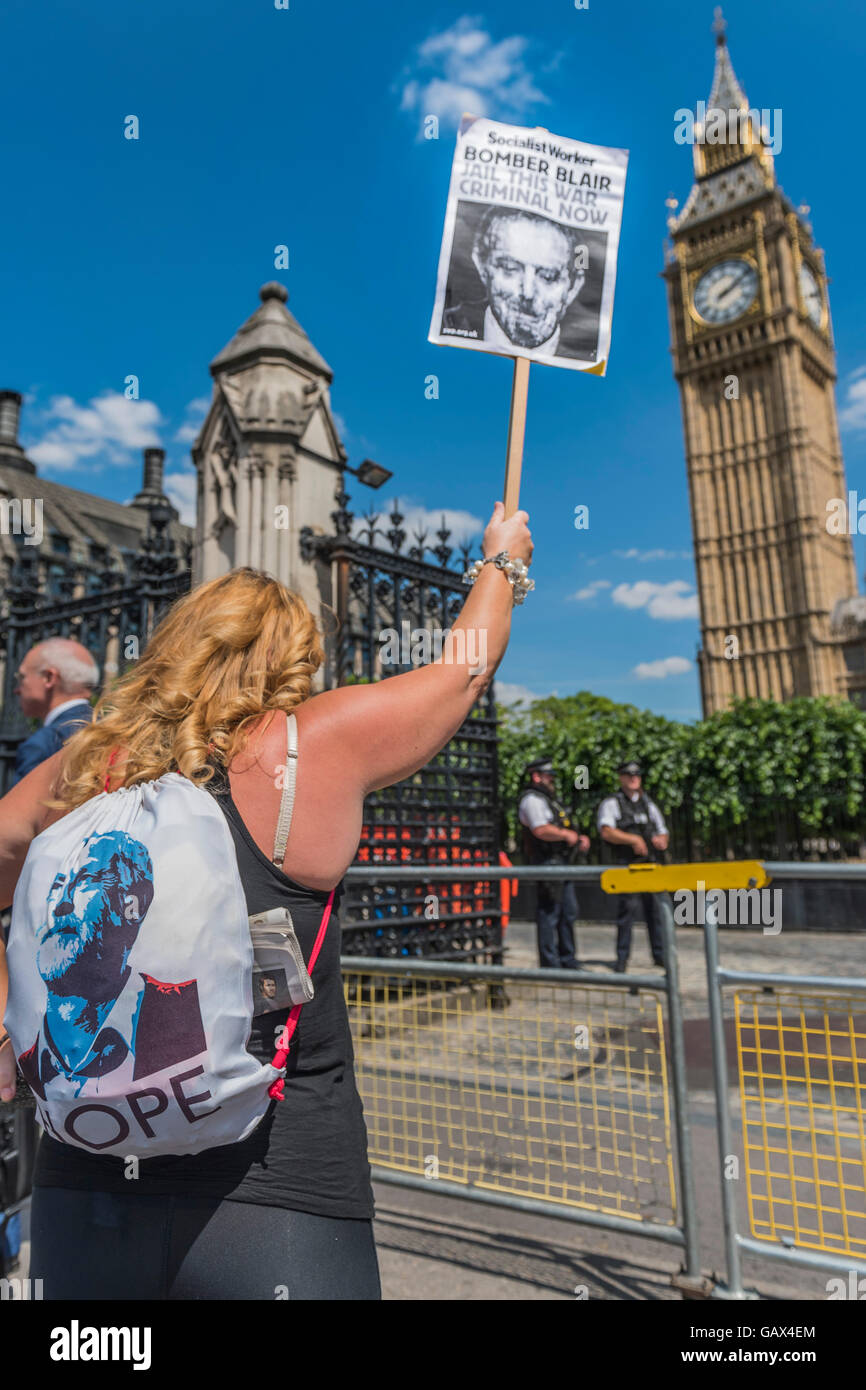 London, UK. 06th July, 2016. A passionate, pro Jeremy Corbin,  protestor makes a vocal protest in front of the gates to Parliamnet - The results of the Chilcot inquirty into the Iraq War bring protestors, against Tony Blair's part in it, to Parliament Square. Credit:  Guy Bell/Alamy Live News Stock Photo