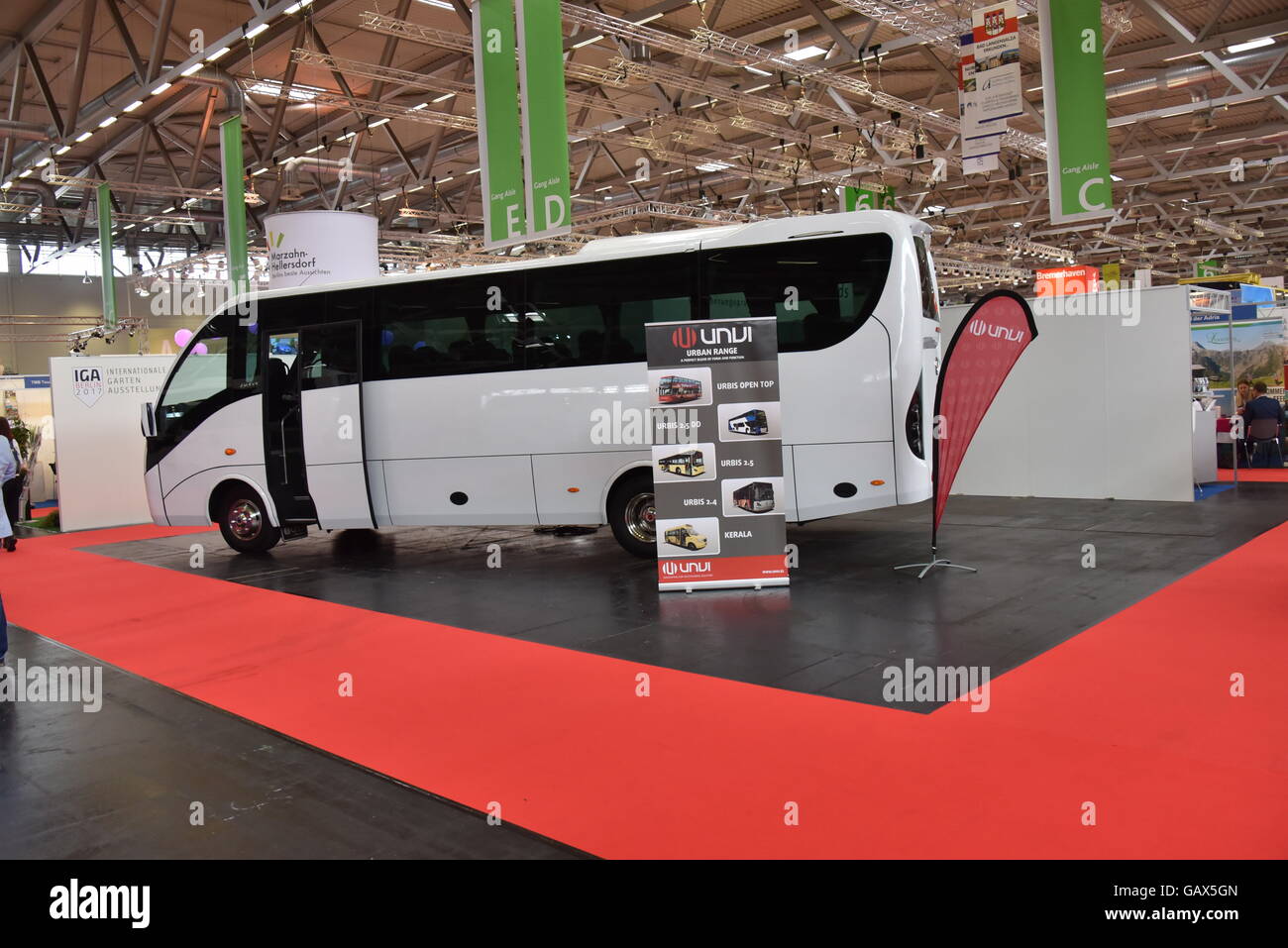 A bus made by Spanish coach manufacturer UNVI Unidad de Vehiculos Industriales S.A seen at the RDA Workshop, an international trade fair for travel coach tourism and group tours, in Cologne, Germany, 06 July 2016. Photo: Horst Galuschka/dpa - NO WIRE SERVICE - Stock Photo