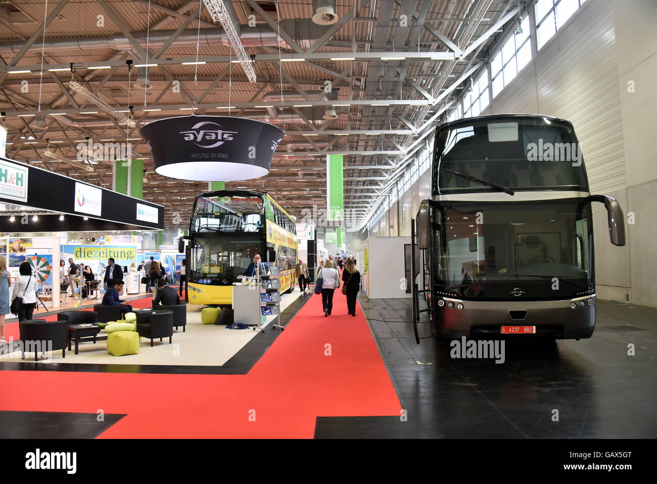 An Ayats Eclipse bus made by Spanish coach manufacturer Carrocerias Ayats SA seen at the RDA Workshop, an international trade fair for travel coach tourism and group tours, in Cologne, Germany, 06 July 2016. Photo: Horst Galuschka/dpa - NO WIRE SERVICE - Stock Photo