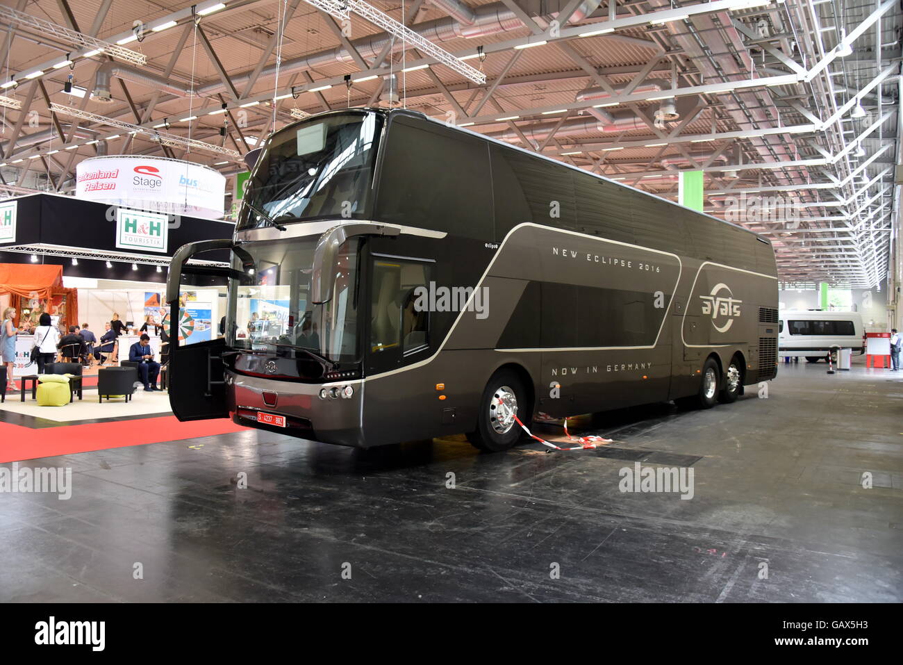 An Ayats Eclipse bus made by Spanish coach manufacturer Carrocerias Ayats SA seen at the RDA Workshop, an international trade fair for travel coach tourism and group tours, in Cologne, Germany, 06 July 2016. Photo: Horst Galuschka/dpa - NO WIRE SERVICE - Stock Photo