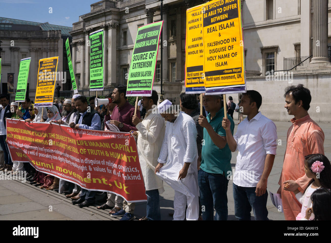 Trafalgar Square, London, UK. 6th July, 2016.  World sunni movement protestors and the World Humanity Revolution Party U.K. form a self proclaimed 'Peaceful Human Chain' in protest of terrorist associated atrocities against innocent people. Credit:  imagegallery2/Alamy Live News Stock Photo