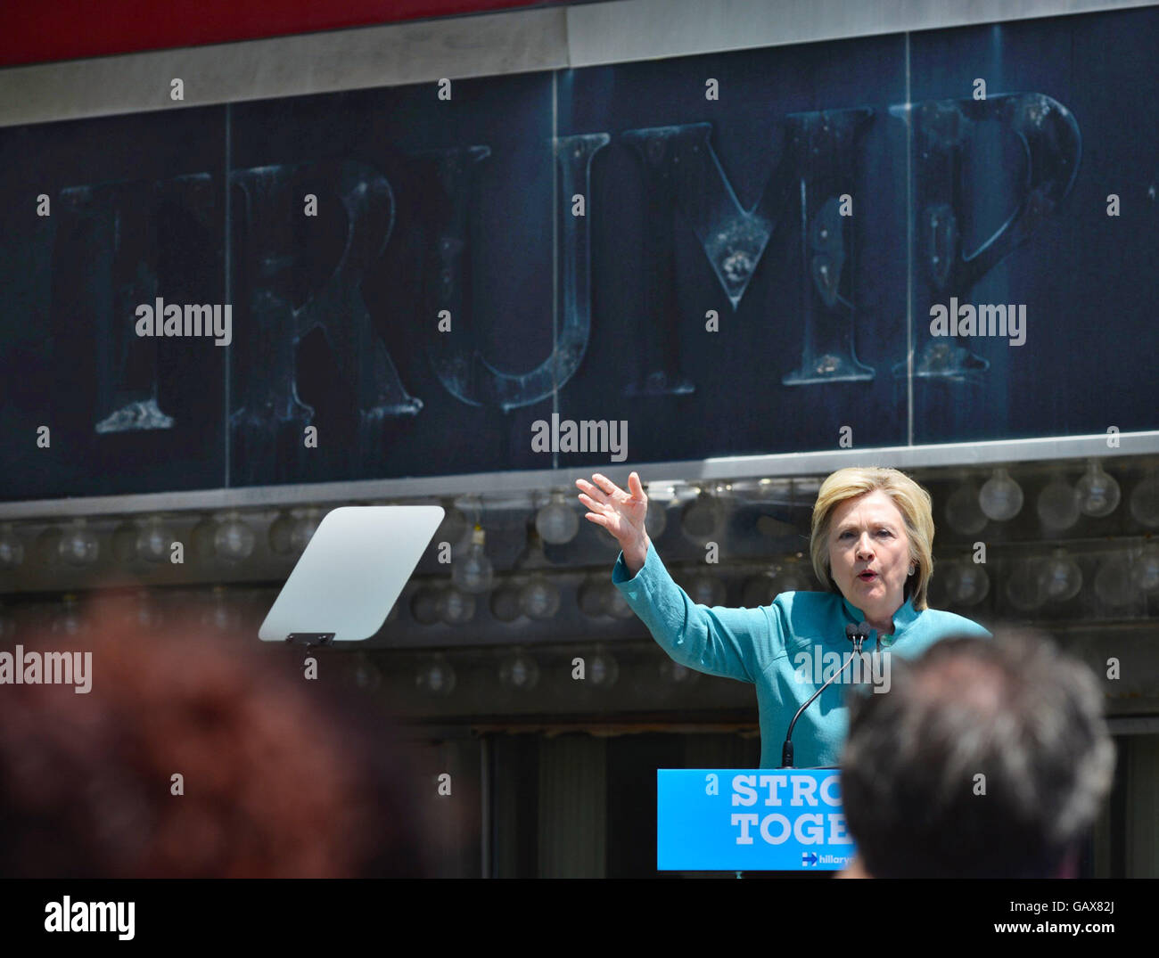 Atlantic City, New Jersey, USA. 6th July, 2016. Presumptive Democratic presidential nominee HILLARY CLINTON speaks at a campaign stop in front of the closed Trump Plaza Casino, on the Boardwalk. Clinton said'“What Donald Trump did in Atlantic City is nothing to brag about – it's shameful.' © Bastiaan Slabbers/ZUMA Wire/Alamy Live News Stock Photo