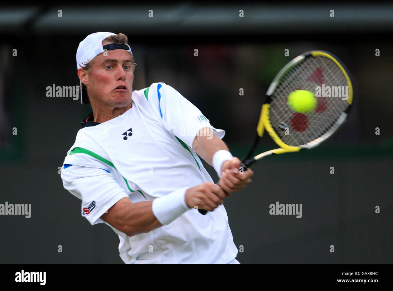 Australia's Lleyton Hewitt in action during the Wimbledon Championships 2008 at the All England Tennis Club in Wimbledon. Stock Photo