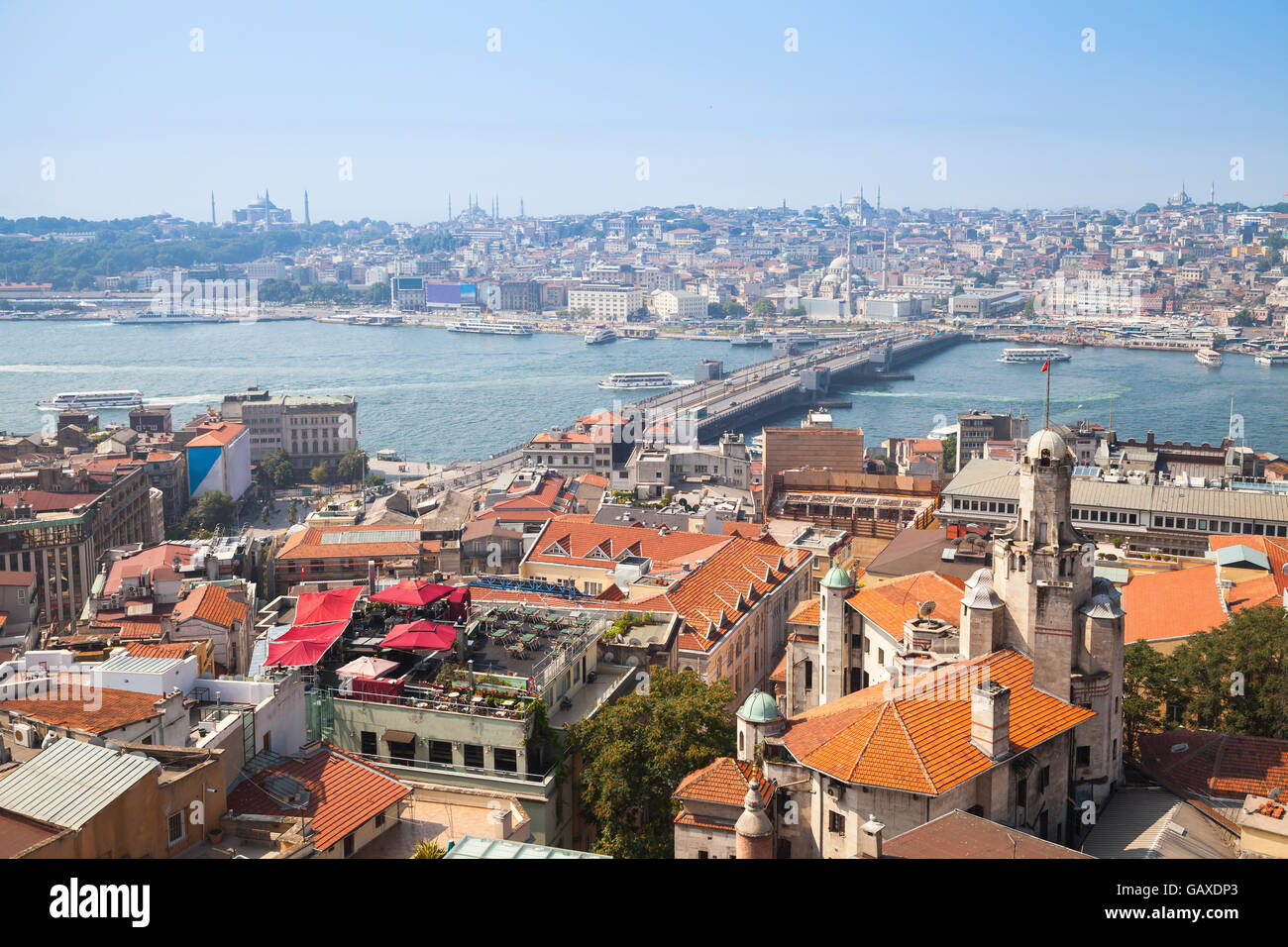 Istanbul, Turkey. Summer cityscape with bridge over Golden Horn a major urban waterway and the primary inlet of the Bosphorus. P Stock Photo