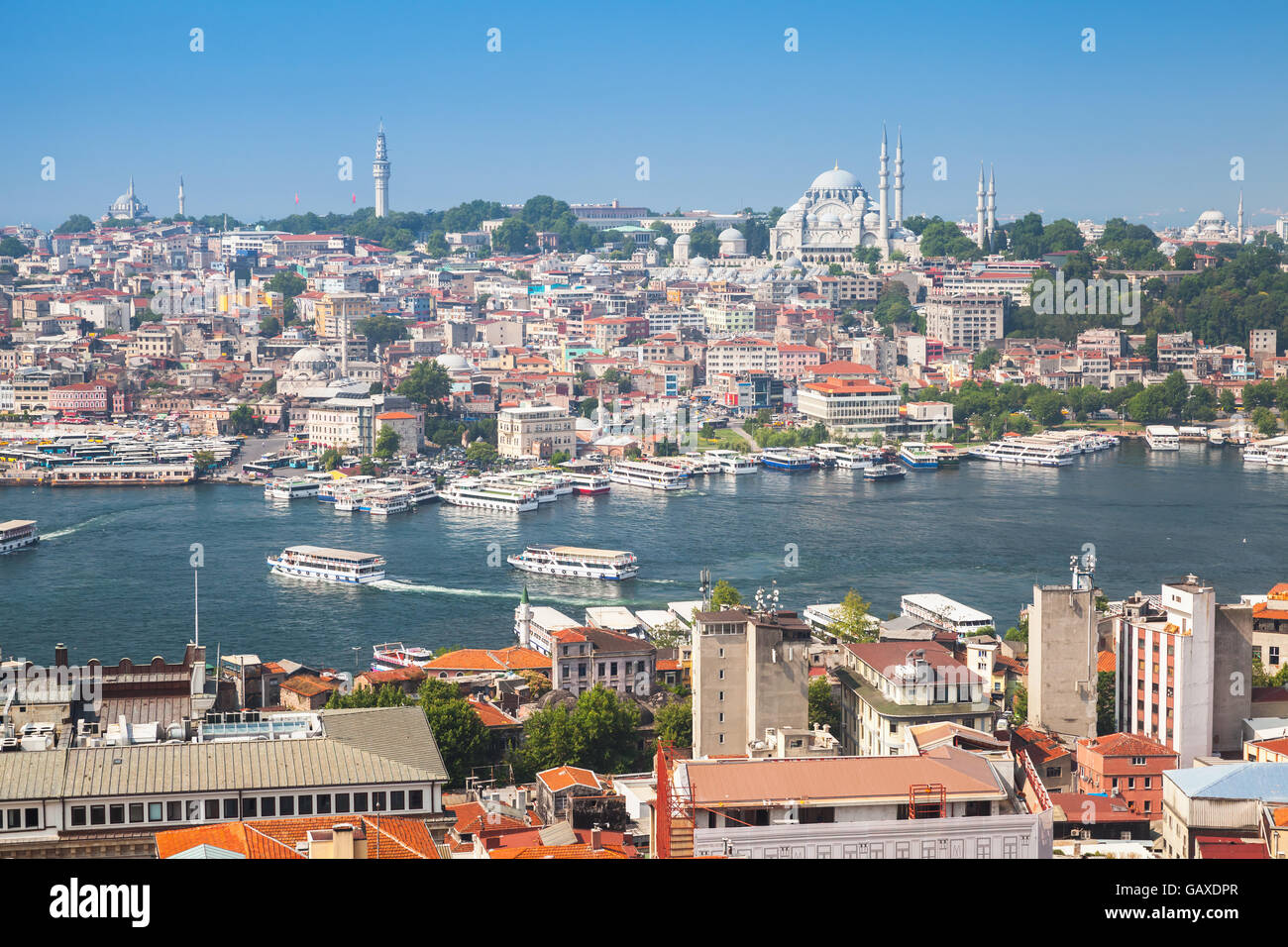Istanbul, Turkey. Summer cityscape with Golden Horn a major urban waterway and the primary inlet of the Bosphorus Stock Photo