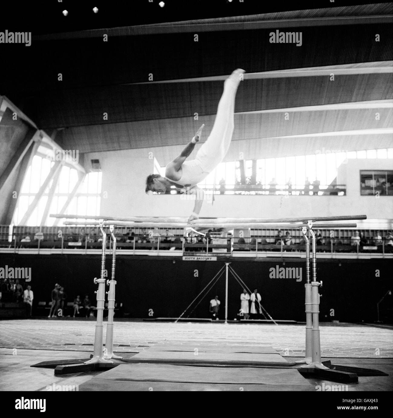 Gymnastics - International Sports Festival and Exhibition - Crystal Palace. Boris Shakhlin, a member of the Russian team who gave a gymnastic display at the festival, in action on the parallel bars Stock Photo