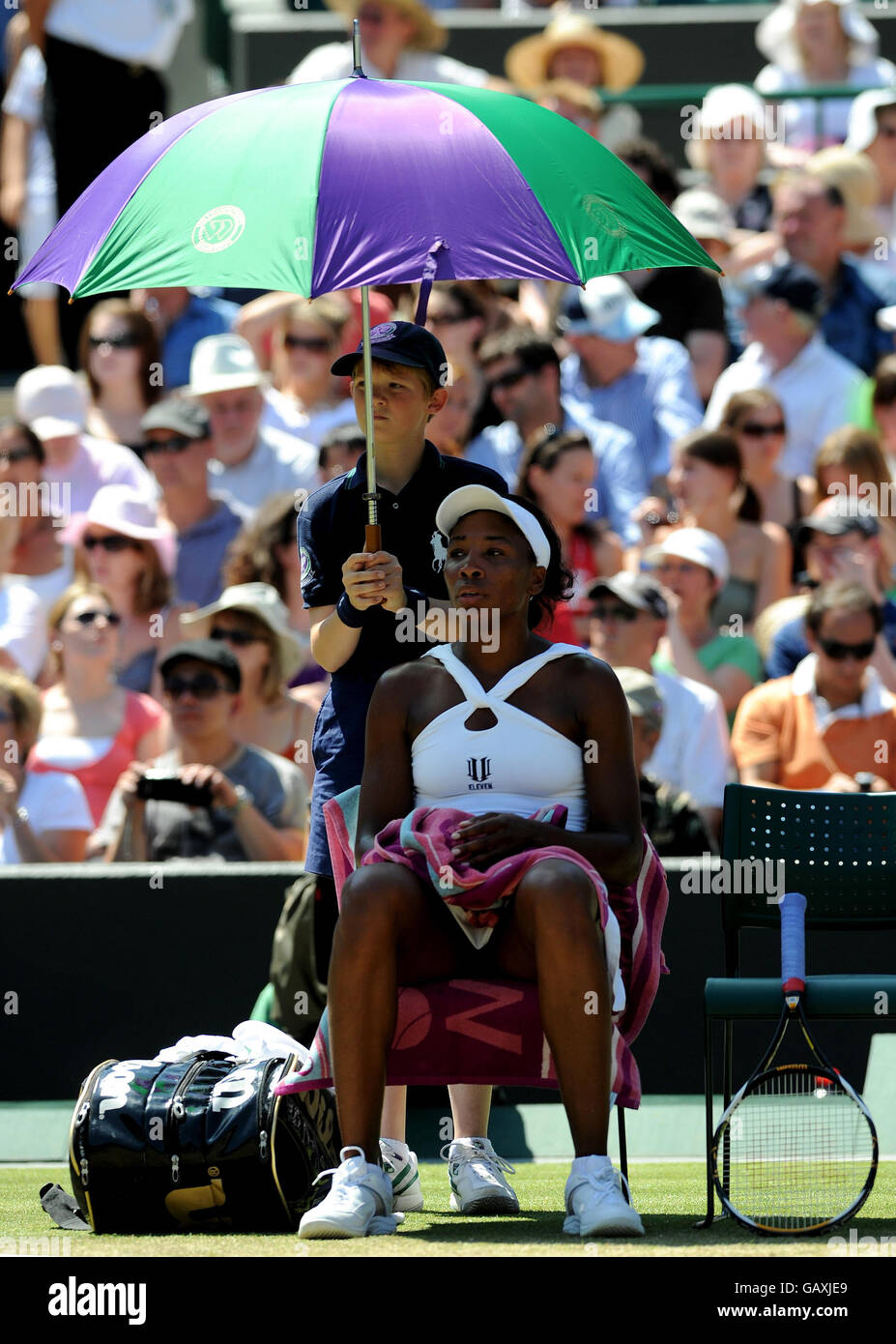 USA's Venus Williams during a break in her match against Thailand's Tamarine Tanasugarn during the Wimbledon Championships 2008 at the All England Tennis Club in Wimbledon. Stock Photo