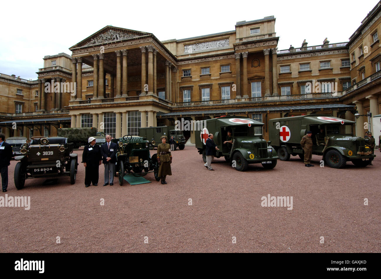 Vintage vehicles used by the First Aid Nursing Yeomanry during WWII, which were assembled in the quadrangle of Buckingham Palace, London. Stock Photo