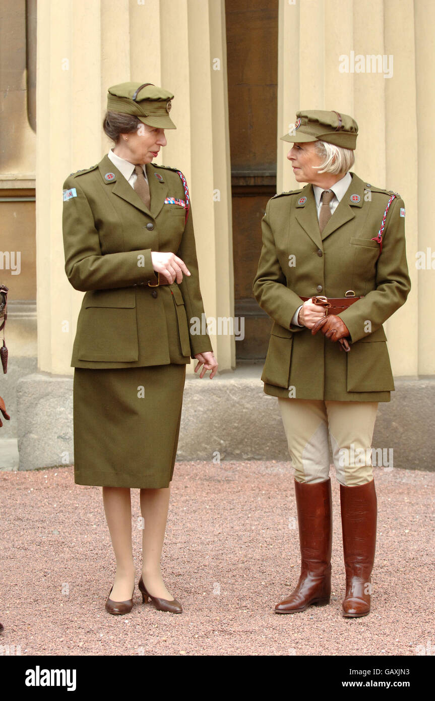 The Princess Royal, who is Commandant-in-Chief of the First Aid Nursing Yeomany, arrives to inspect vintage vehicles used by the yeomanry after they assembled in the quadrangle of Buckingham Palace, London to mark the centenary of the yeomanry. Stock Photo